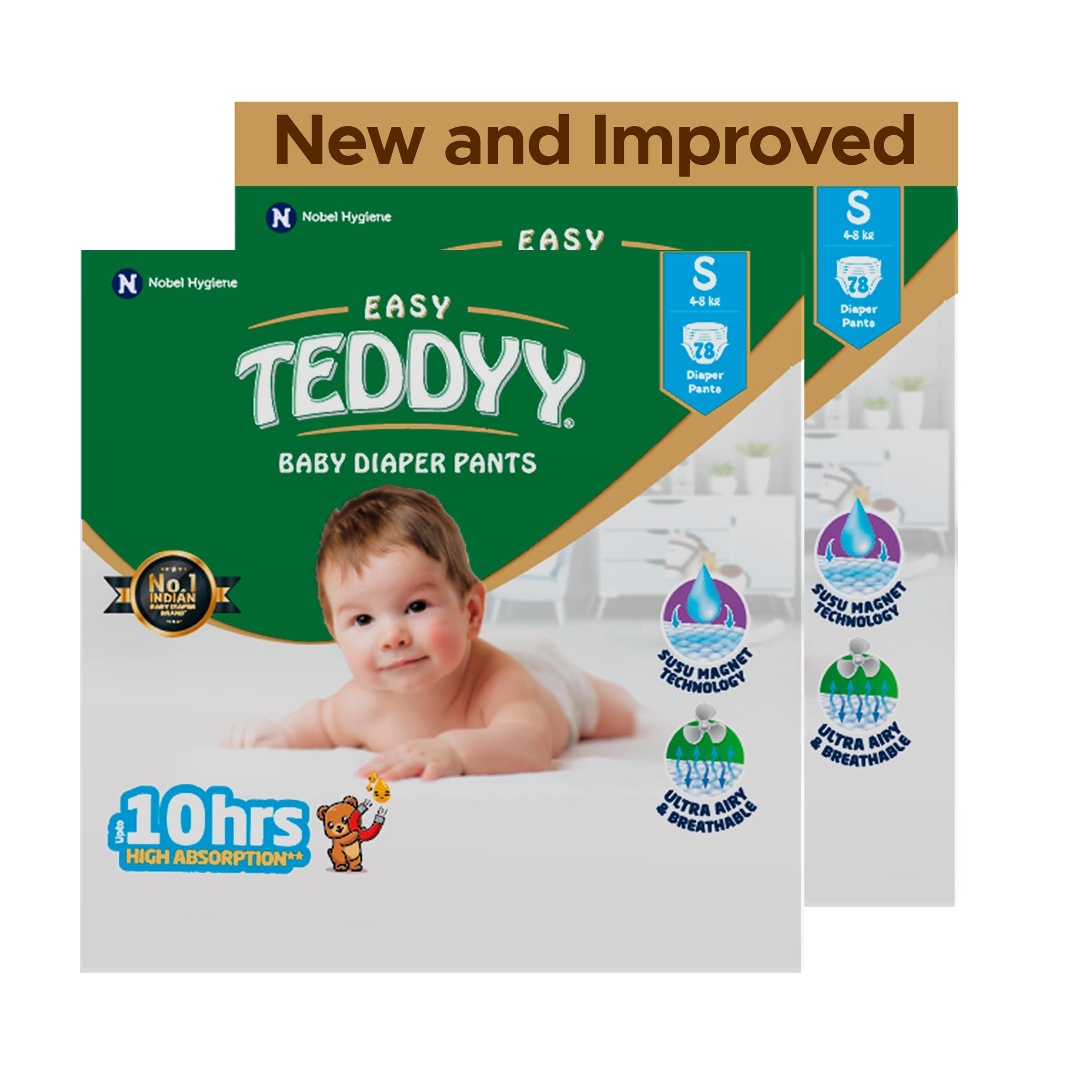 TEDDYY Easy Baby S Size Diaper Pant Style |156 Count (Small) | 3–8 kg (Pack of 2) | Long Protection Hours | Anti-Bacterial | Airy Breathable Fit | Rapid Soaker Channels with Wetness Indicator