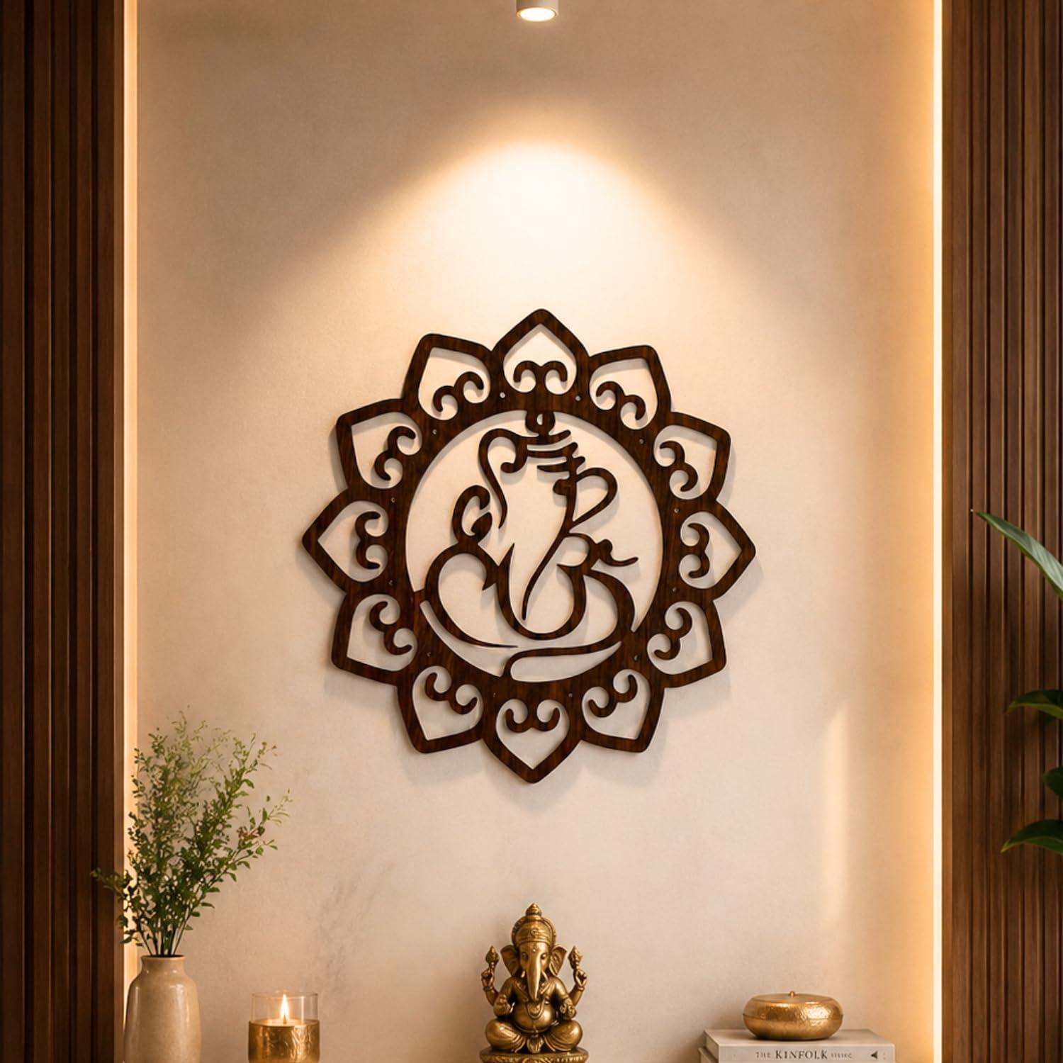 Woody Buddy Ganesha Wall Art with Floral Mandala | 29x29 cm Wooden Ganpati Wall Hanging for Home Temple, Pooja Room, Living Room & Meditation Space