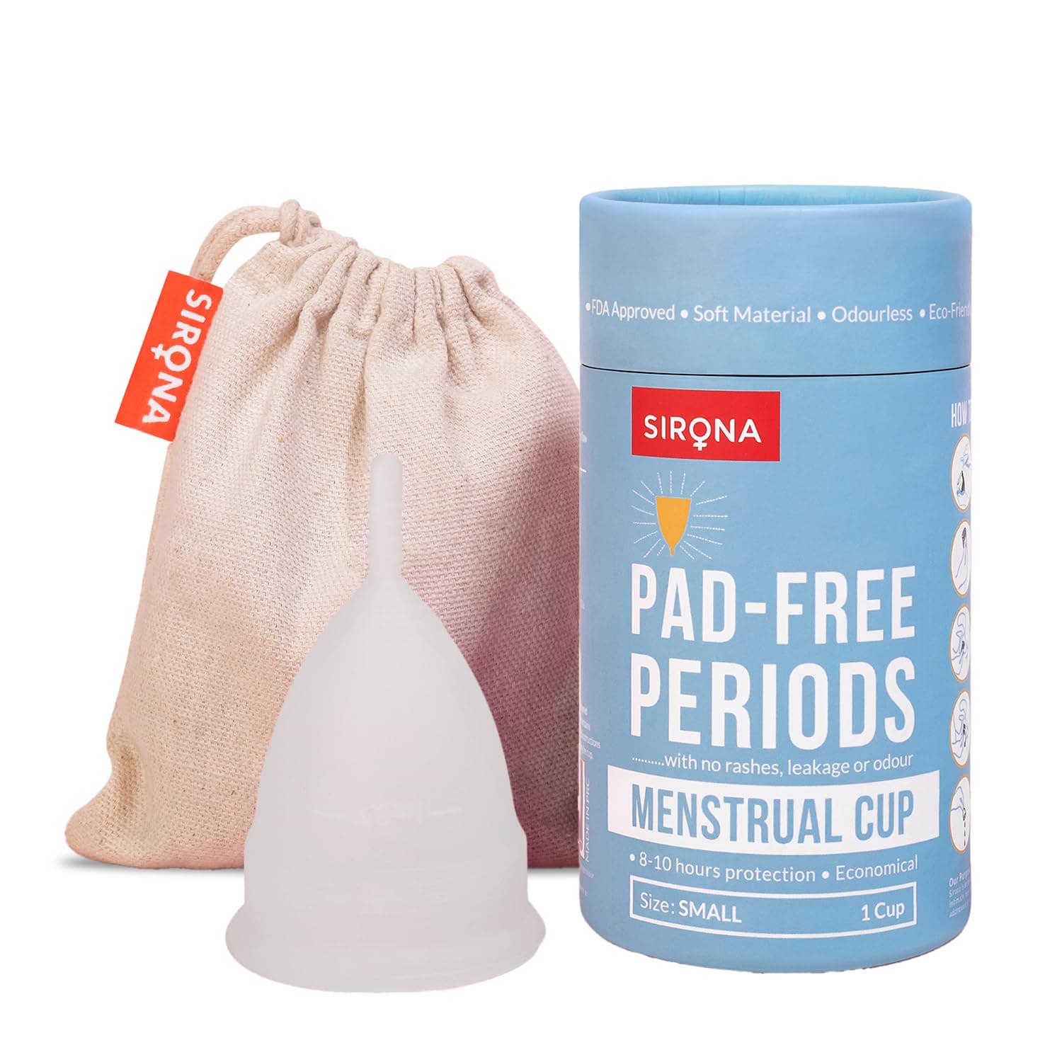 Sirona Reusable Menstrual Cup for Women - Small with Pouch | FDA Approved | Made of Ultra Soft 100% Medical Grade Silicone | Odour, Rash & Itch-Free Period | Leak-Proof Protection for 8-10 Hours