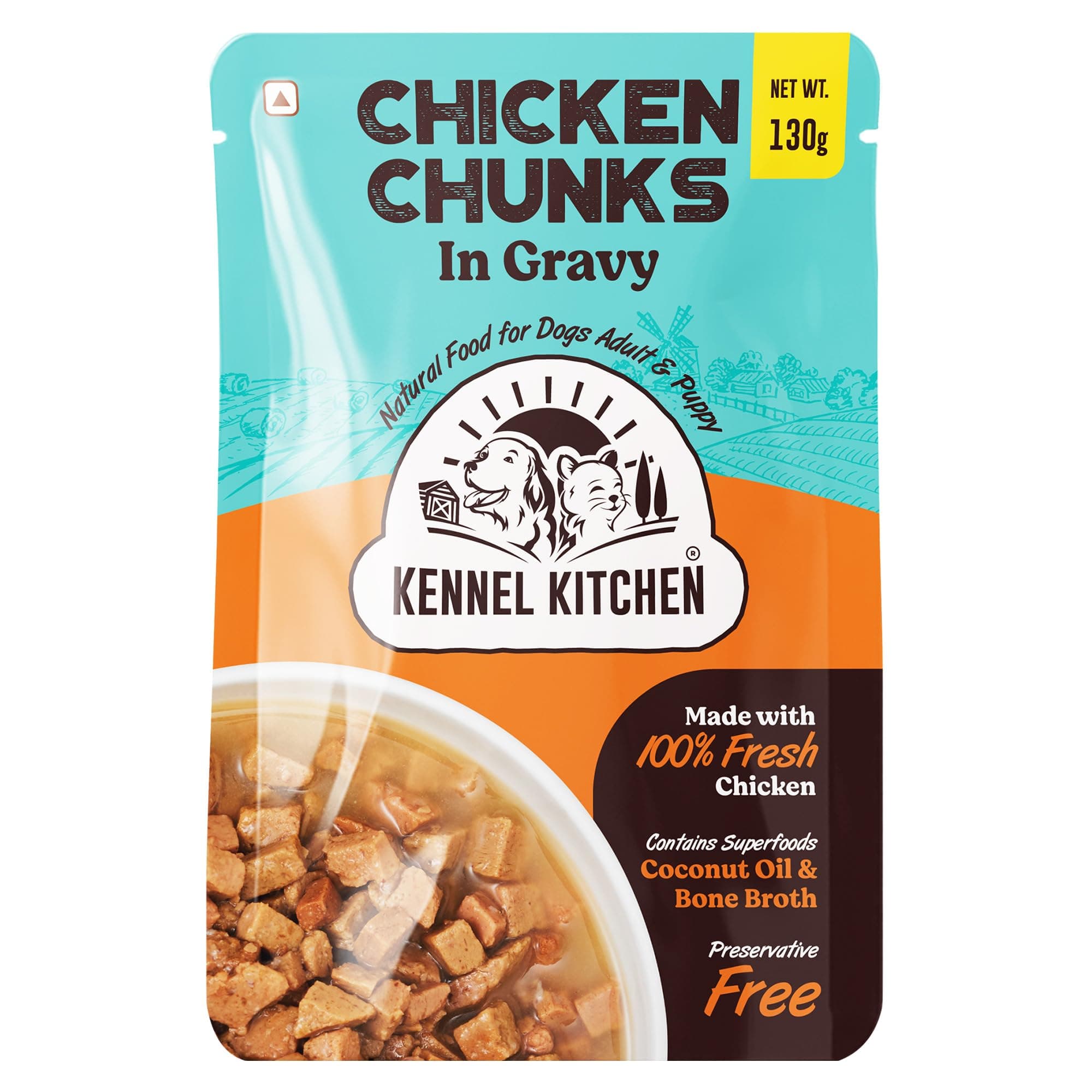 Kennel Kitchen Chicken Chunks in Gravy, 130g (Pack of 12) | Wet Dog Food for Adult & Puppy | Dog Food Gravy with Regionally Sourced Fresh Chicken | Free from Artificial Colours & Preservatives