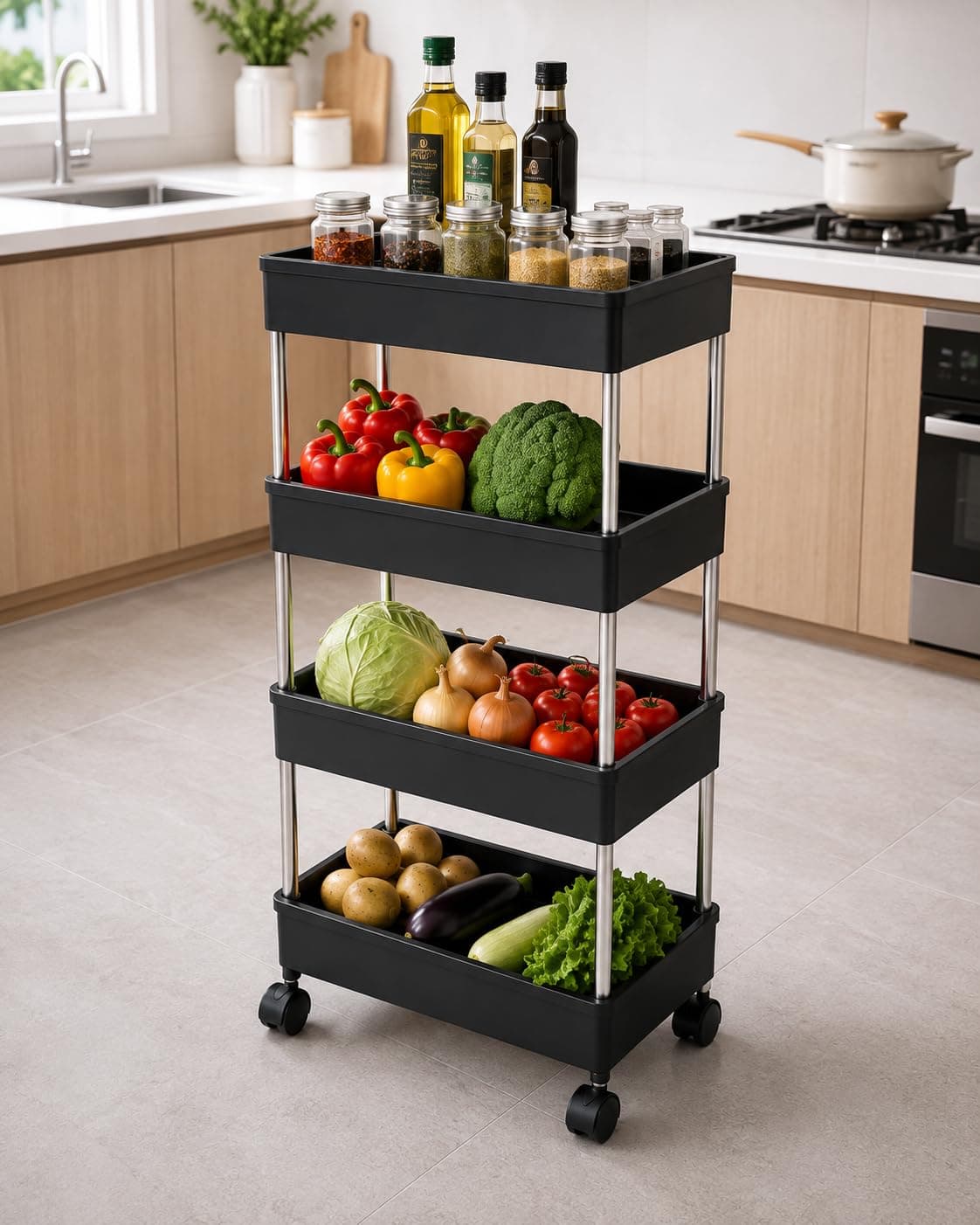AEXONIZ TOYS 4 Layer Multipurpose Storage Rack, Kitchen Trolley, Storage Cart with Wheels, Rack for Storage Multipurpose, Kitchen Storage Rack, Multipurpose Trolley (Black)