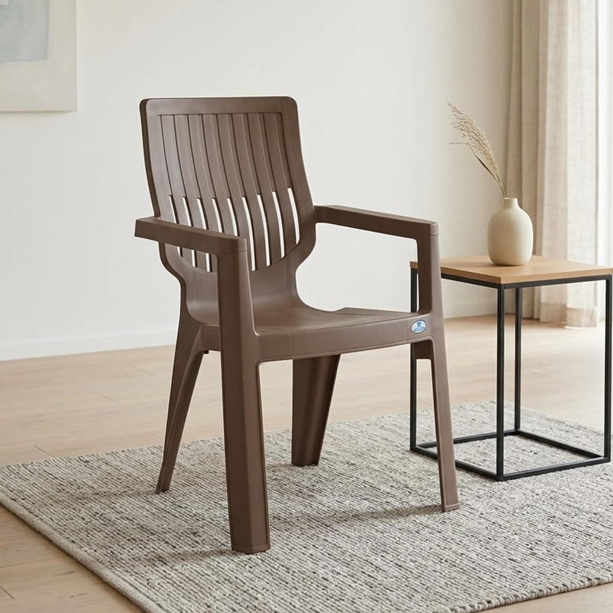 Nilkamal Ortho Comfort Plastic Chair with Arm | 3 Year Warranty | Stackable Chair for Home, Living Room, Dining Room, Cafe & Balcony | Ergonomic Back Support | Indoor & Outdoor Use | Rattan Dark Beige