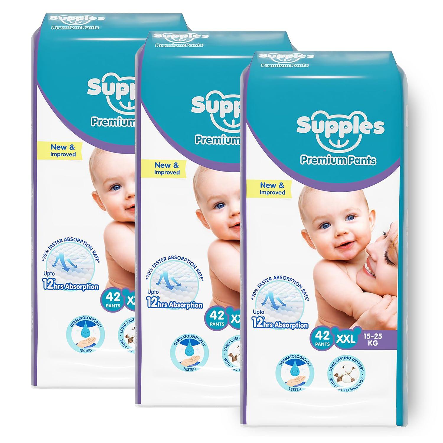 Amazon Brand - Supples Premium Baby Diaper Pants | 84 Baby Diapers | XXL | 15-25 Kg | 42 x 3 Packs | 12 Hrs Absorption | Cushiony Cotton Soft Fabric | Phthalates-Free | Triple Leak Guard