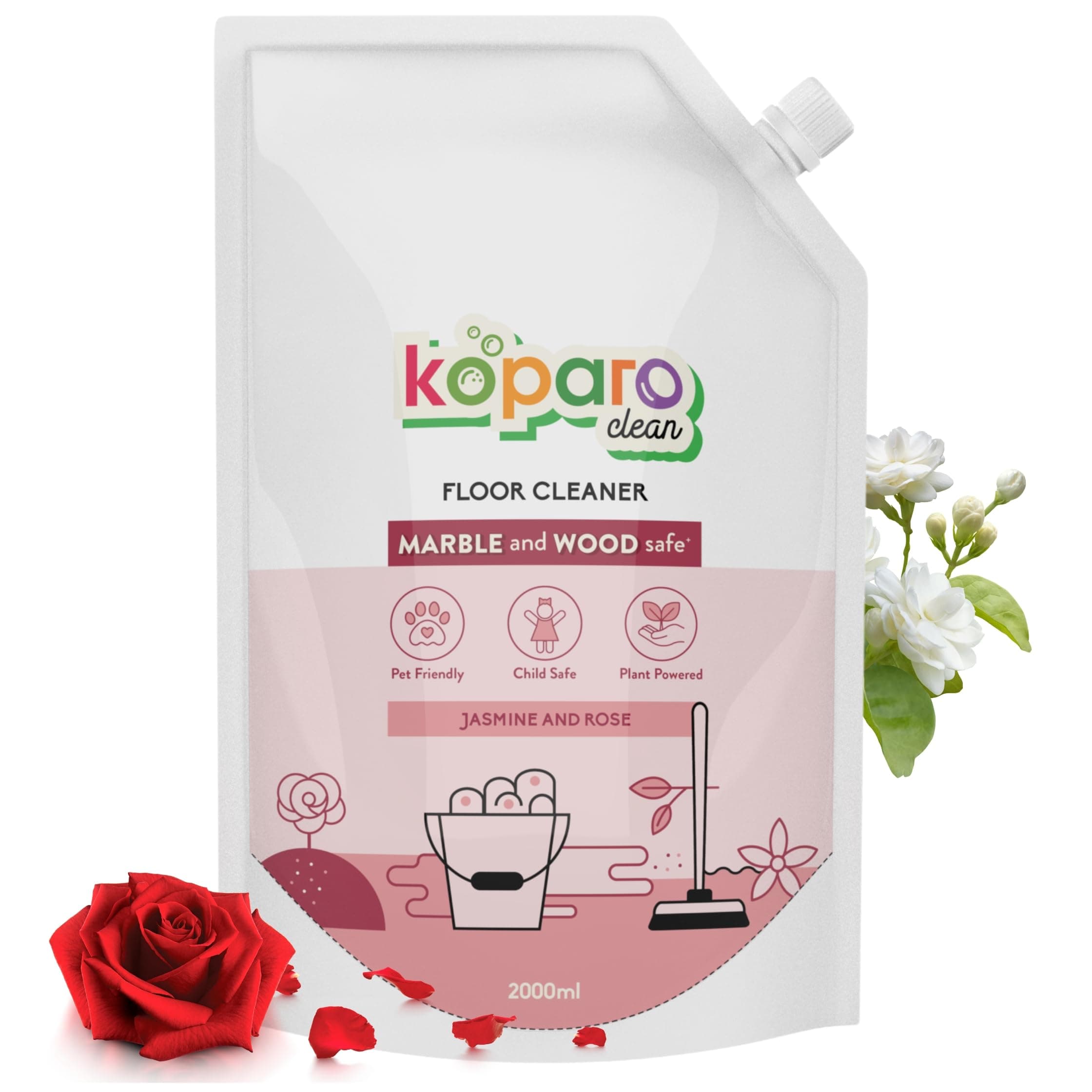 Koparo Natural Disinfectant Surface & Floor Cleaning Liquid | 2 Litre | Plant-Based Non-Toxic Germ Kill Formula | Jasmin Freshness | Safer Than Phenyl | Kids Safe & Pet Friendly