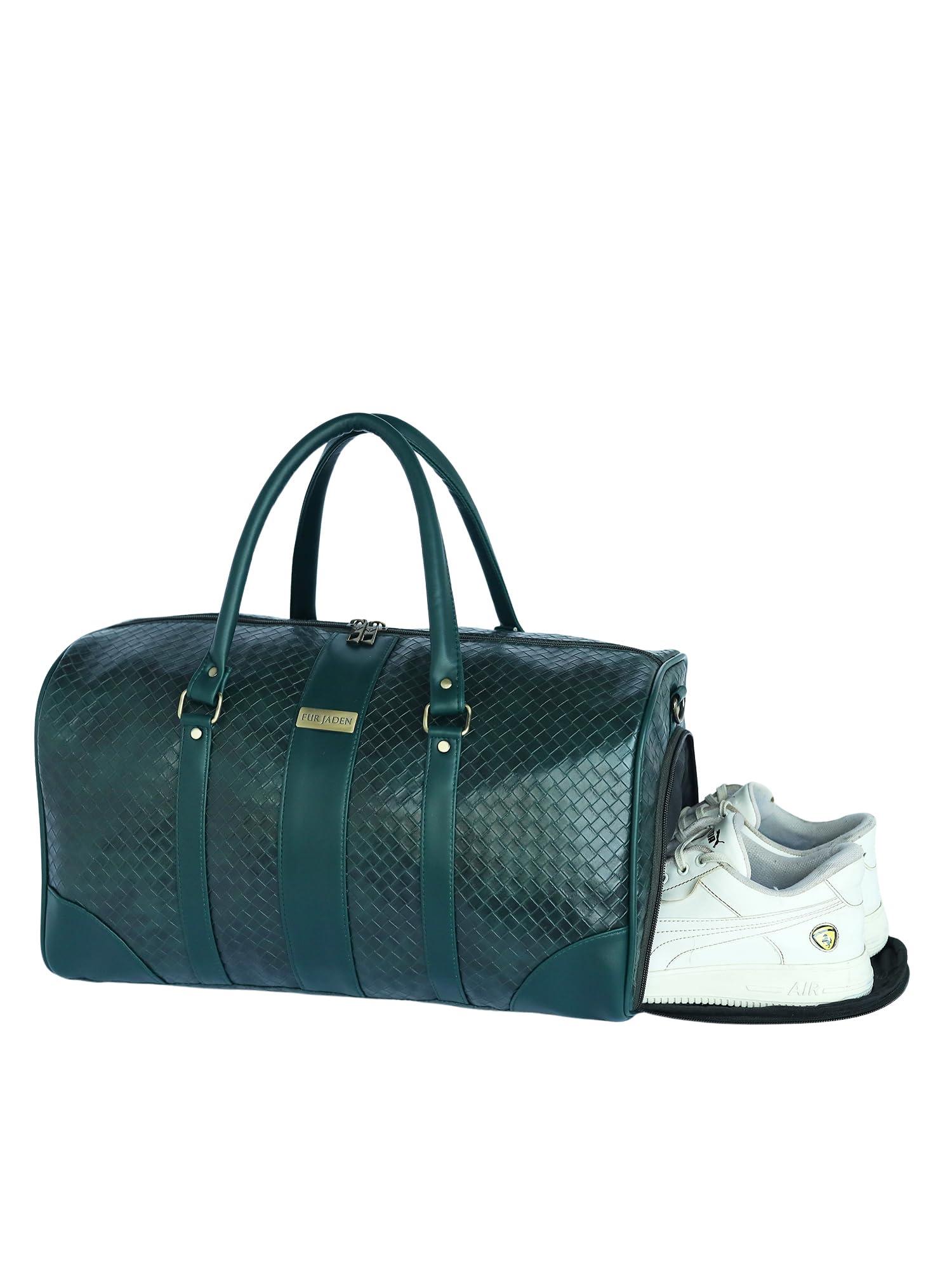Fur Jaden Weekender Duffle Bag with Shoe Pocket for Travel for Men and Women Made of Textured Leatherette with Attachable Shoulder Strap Cabin Bag (Green)