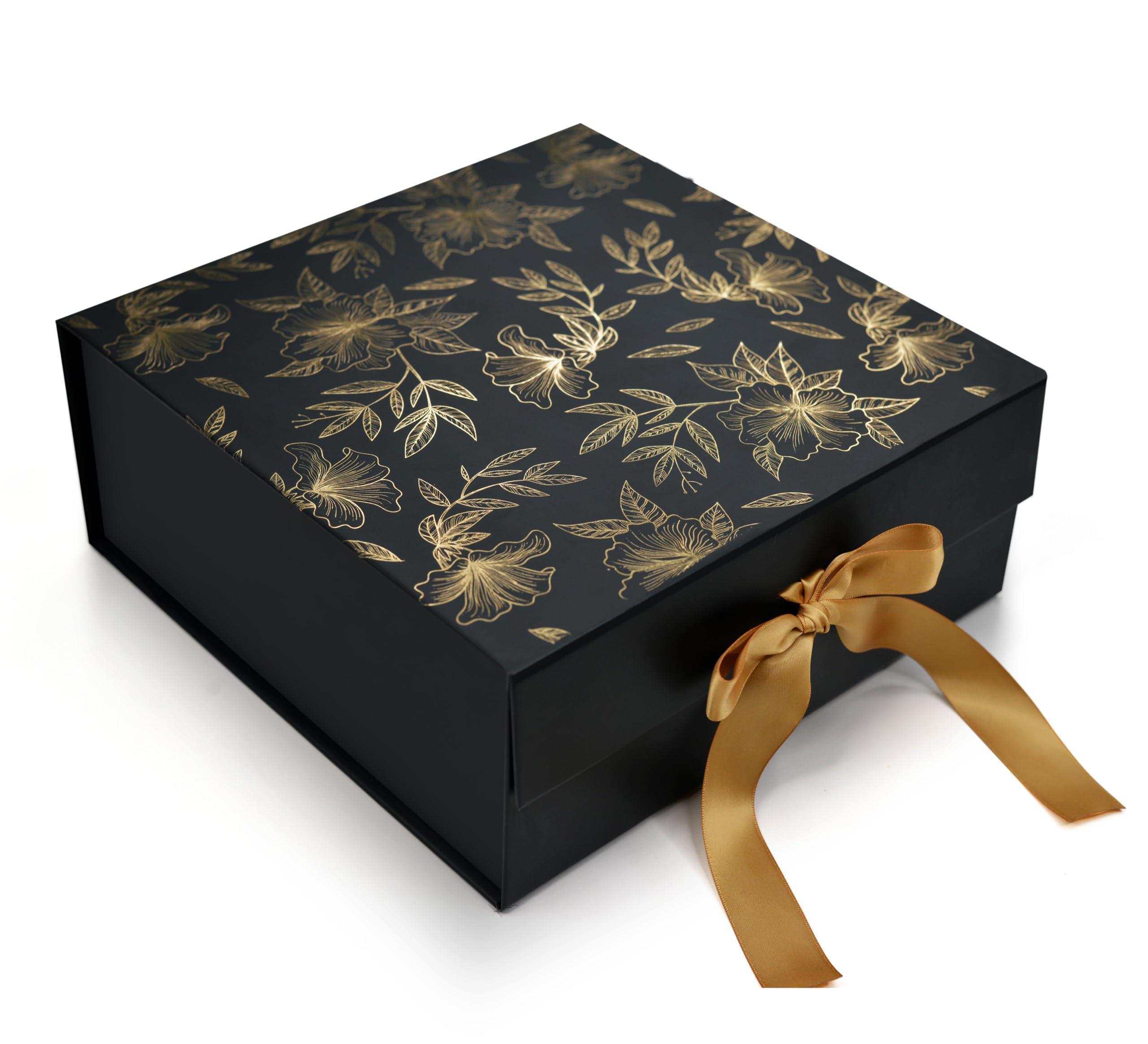 RBS® MEDIUM Black Empty Gift Box 26x26x10cm Decorative Floral Gift Boxes for Presents (1 Pack) Box for Gift Packing Multipurpose Hamper Cardboard Box for Gift Occasion Gift Box (M-Black Gold Floral)