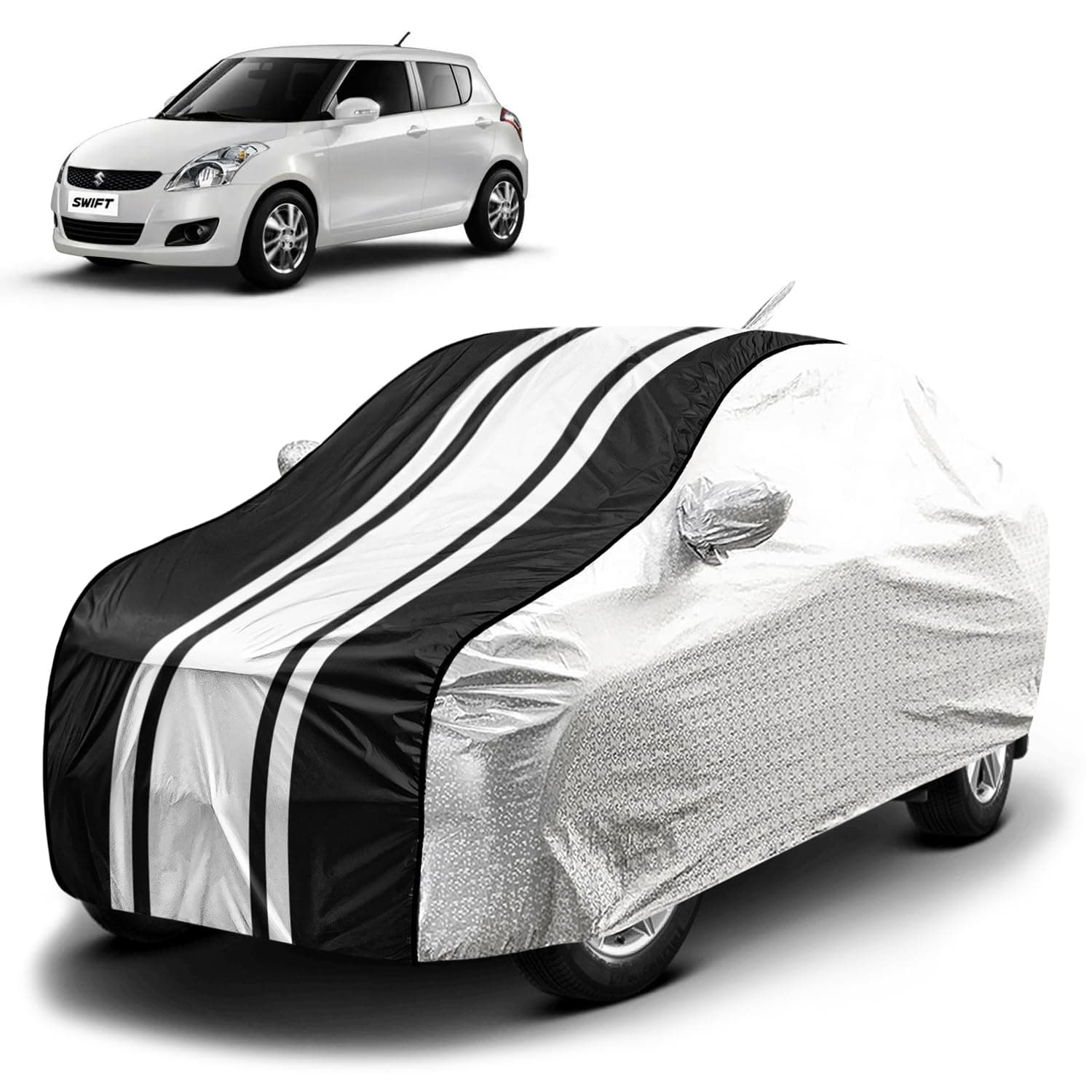 Fabtec Waterproof Car Body Cover for Maruti Swift (2012-2017) with Mirror and Antenna Pocket, Soft Cotton Lining, Bottom Elastic, Triple Stitched (Metallic Silver with Black Stripes)