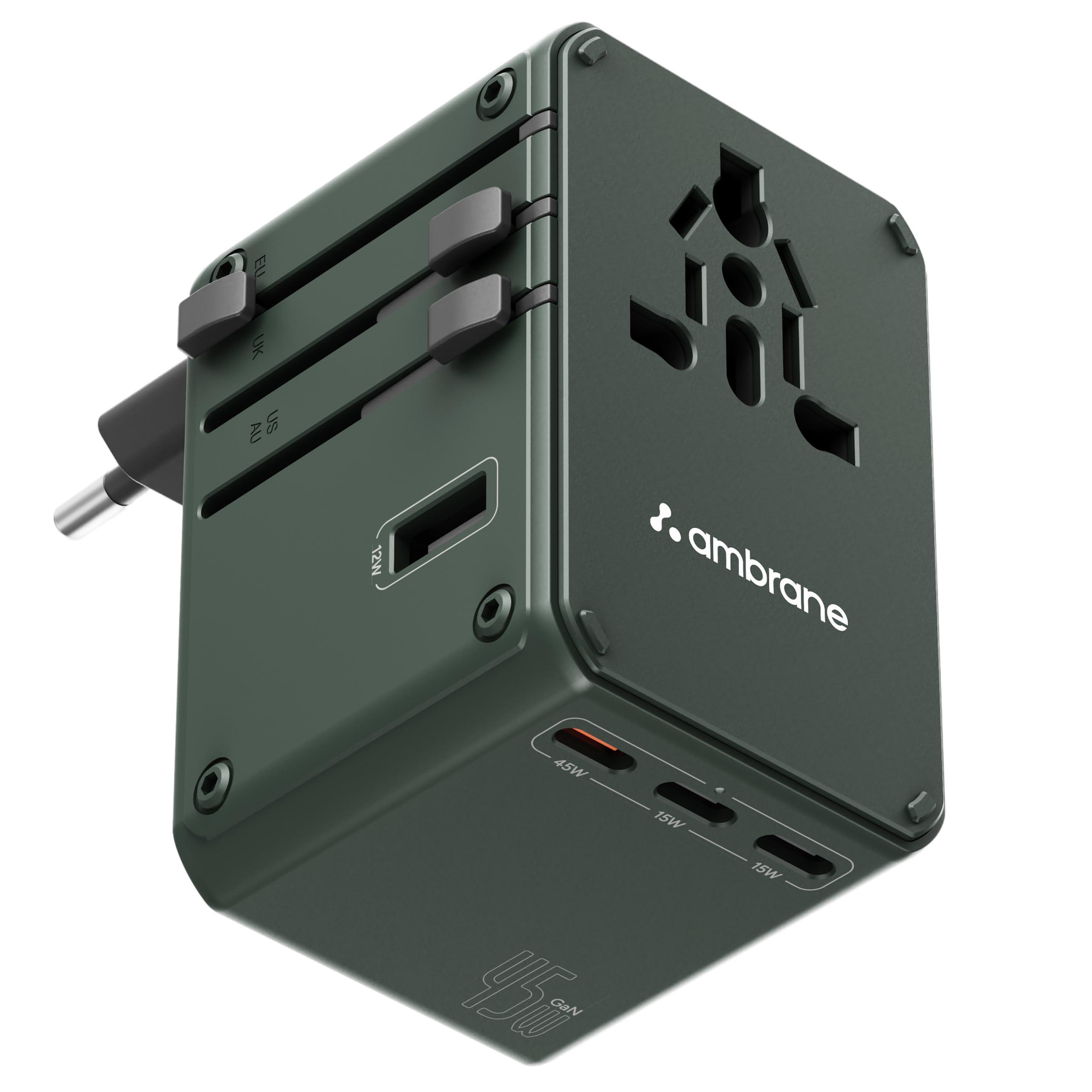 Ambrane 45W Universal Charger Adapter, Supports Laptop Charging: MacBook & Type C Laptop, 3X, 1x USB, 2500W AC Socket, International Worldwide Travel Adapter, PD Charging (ATA-04, Green)