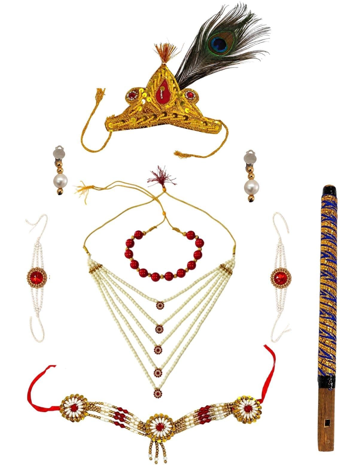 BookMyCostume Plastic Fancy Dresses with Heavy Pearl Jewellery Set for Kids/Infant Bal Gopal/Kanha Accessories/Bal Krishna Mukut/Krishna Jewellery Set