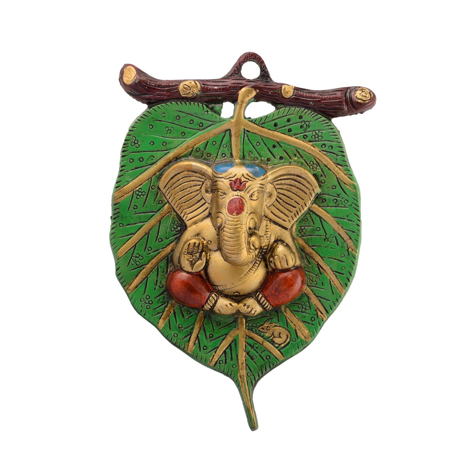 eCraftIndia Metal Golden Lord Ganesha In Red Dhoti On Green Leaf Ganesha Wall Hanging | Decorative Showpiece for Wall Decor | Diwali Decoration Items for Home Decor | Gift for Diwali Housewarming