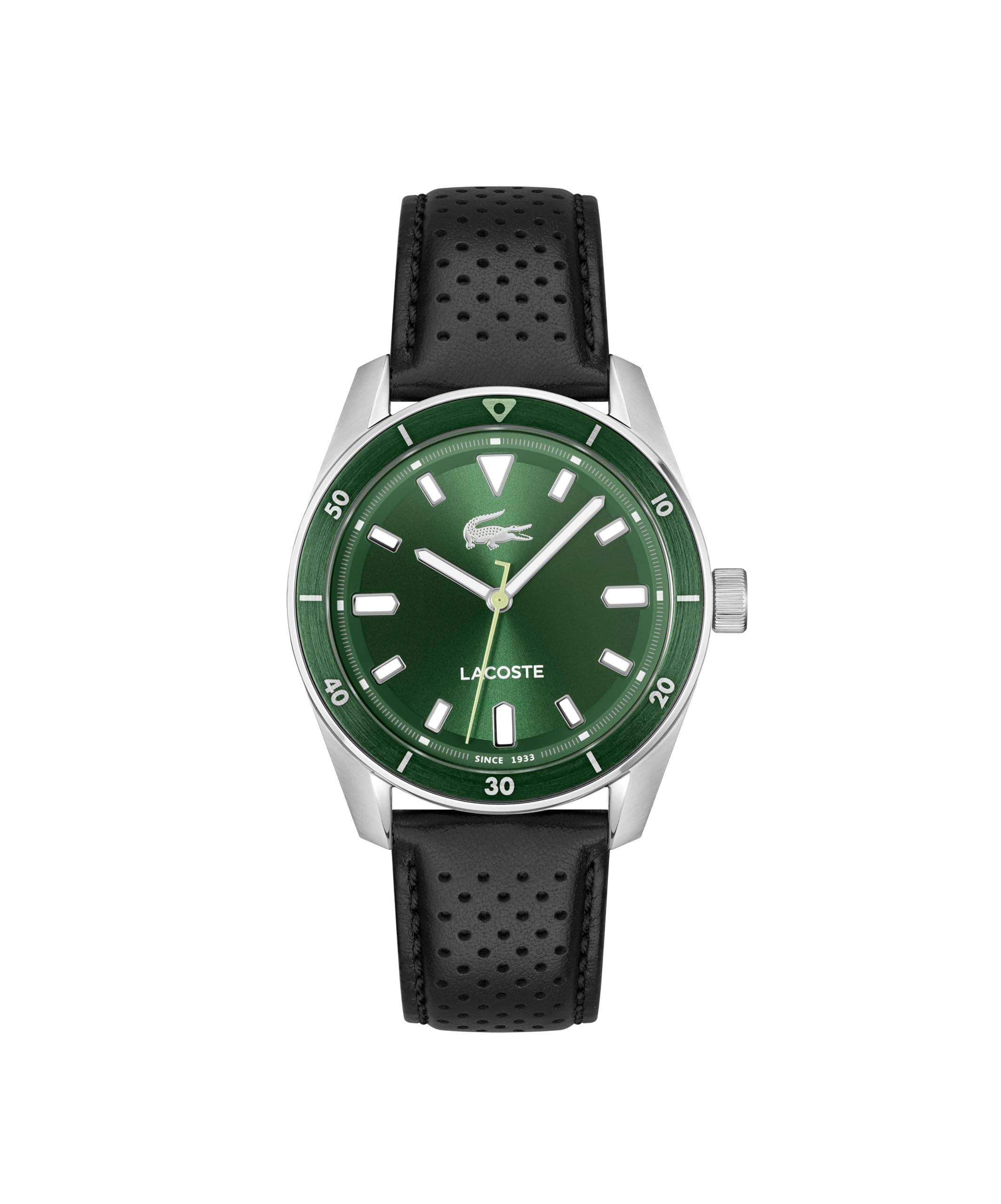Lacoste Boston Qtz Basic Green Round Dial Men's Watch|Black Leather Material|Black Color Band - 2011423