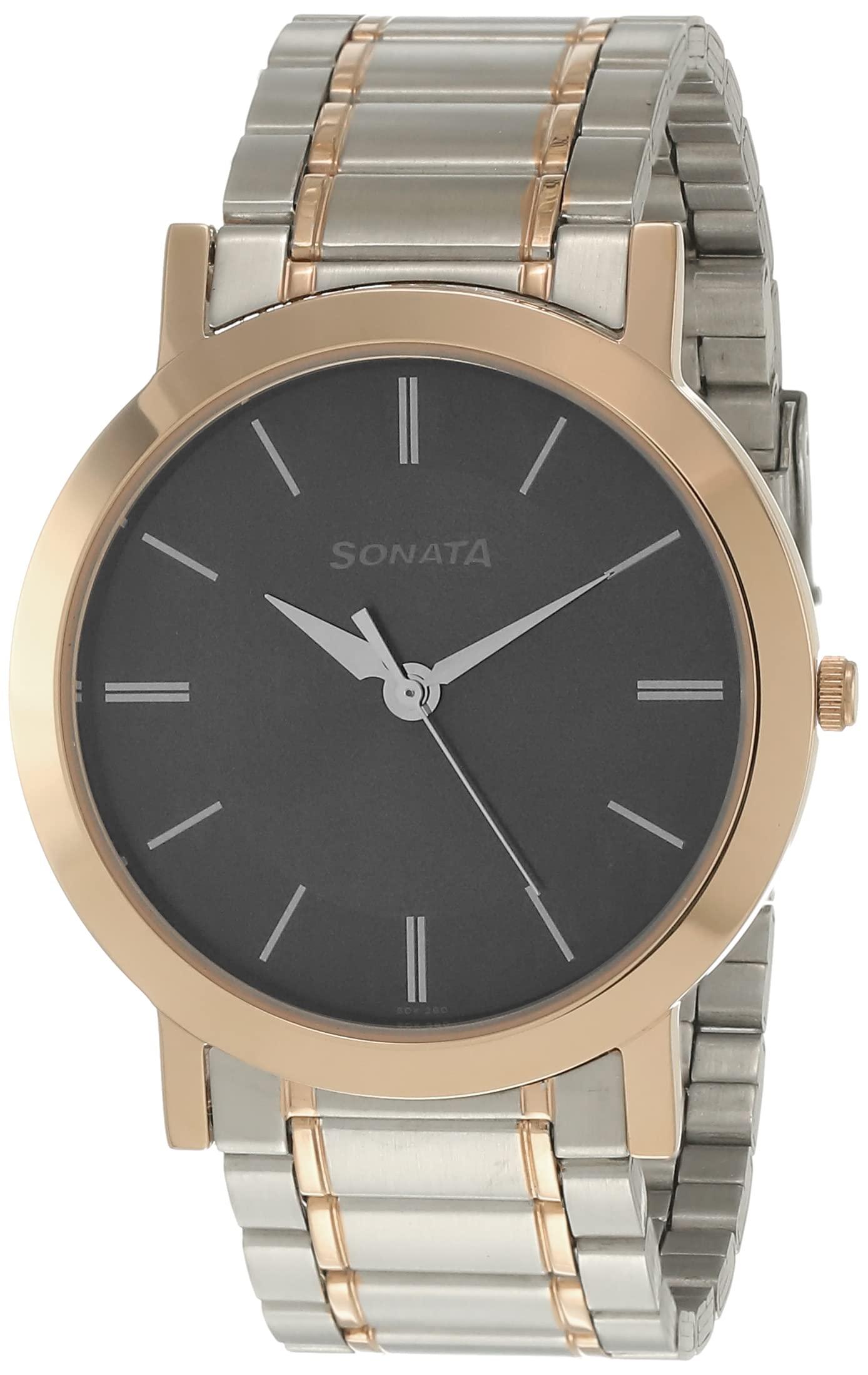 Sonata Beyond Gold Quartz Analog Blue Dial Two Toned Silver and Rose Gold Stainless Steel Strap Watch for Men - NT77108KM02W