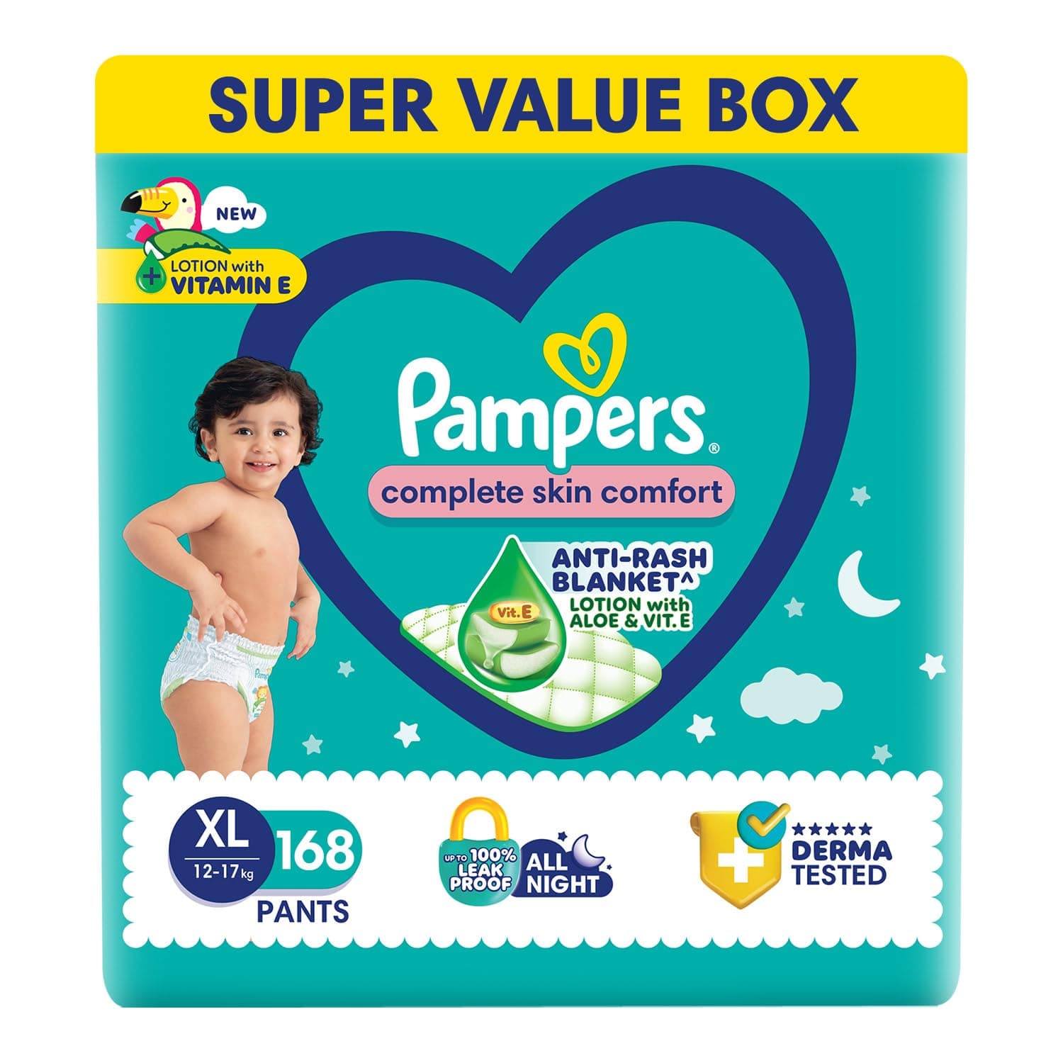 Pampers Complete Skin Comfort Pants, X-Large (XL), 168 Count, Anti-rash blanket, Lotion with Vitamin E & Aloe Vera, 12-17kg