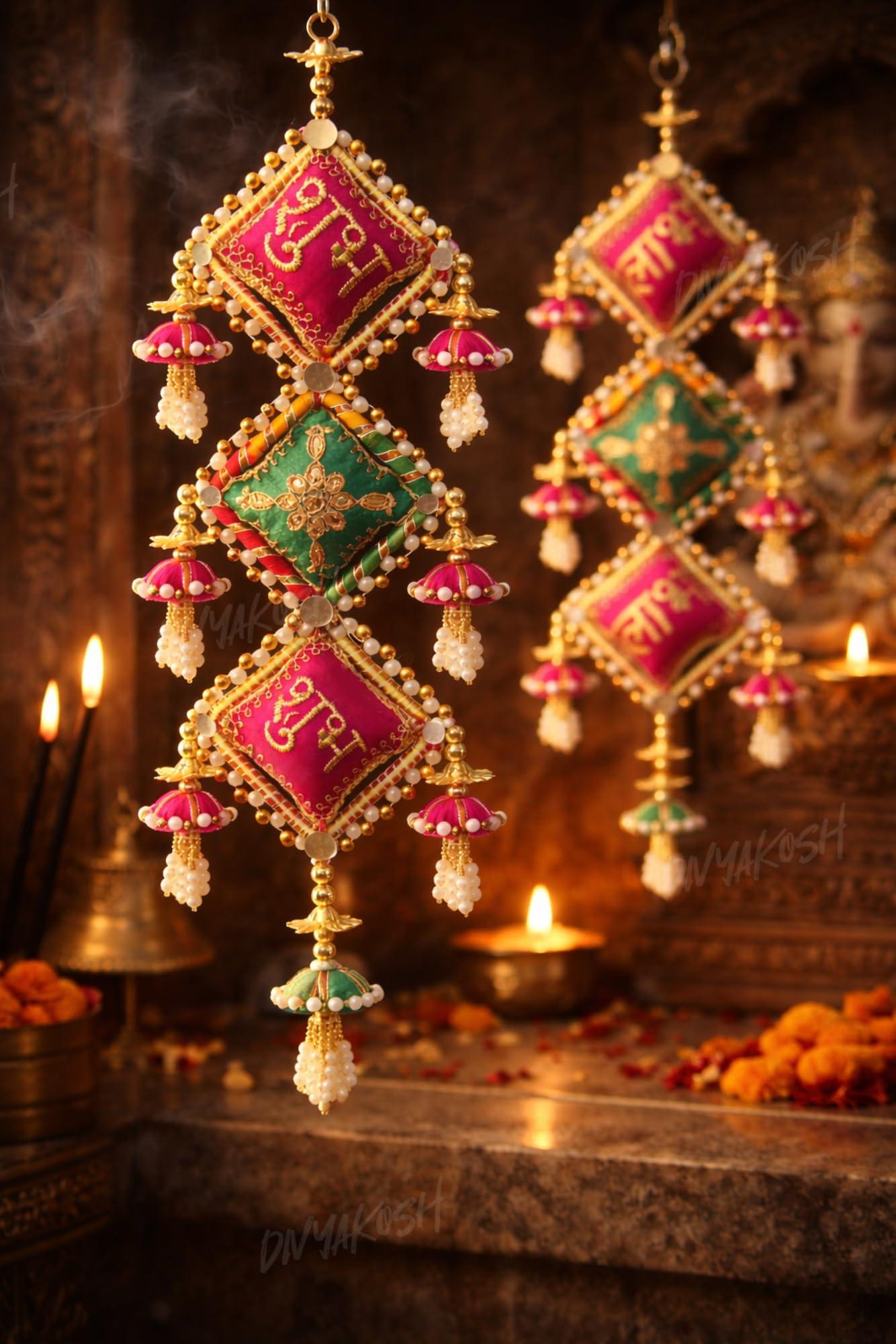 Divyakosh Shubh Labh Door Hanging Set of 2 Multicolor Handmade Toran for Main Door Entrance Mandir Decor Lakshmi Ganesh Welcome Tags for Diwali Festival Home Decoration