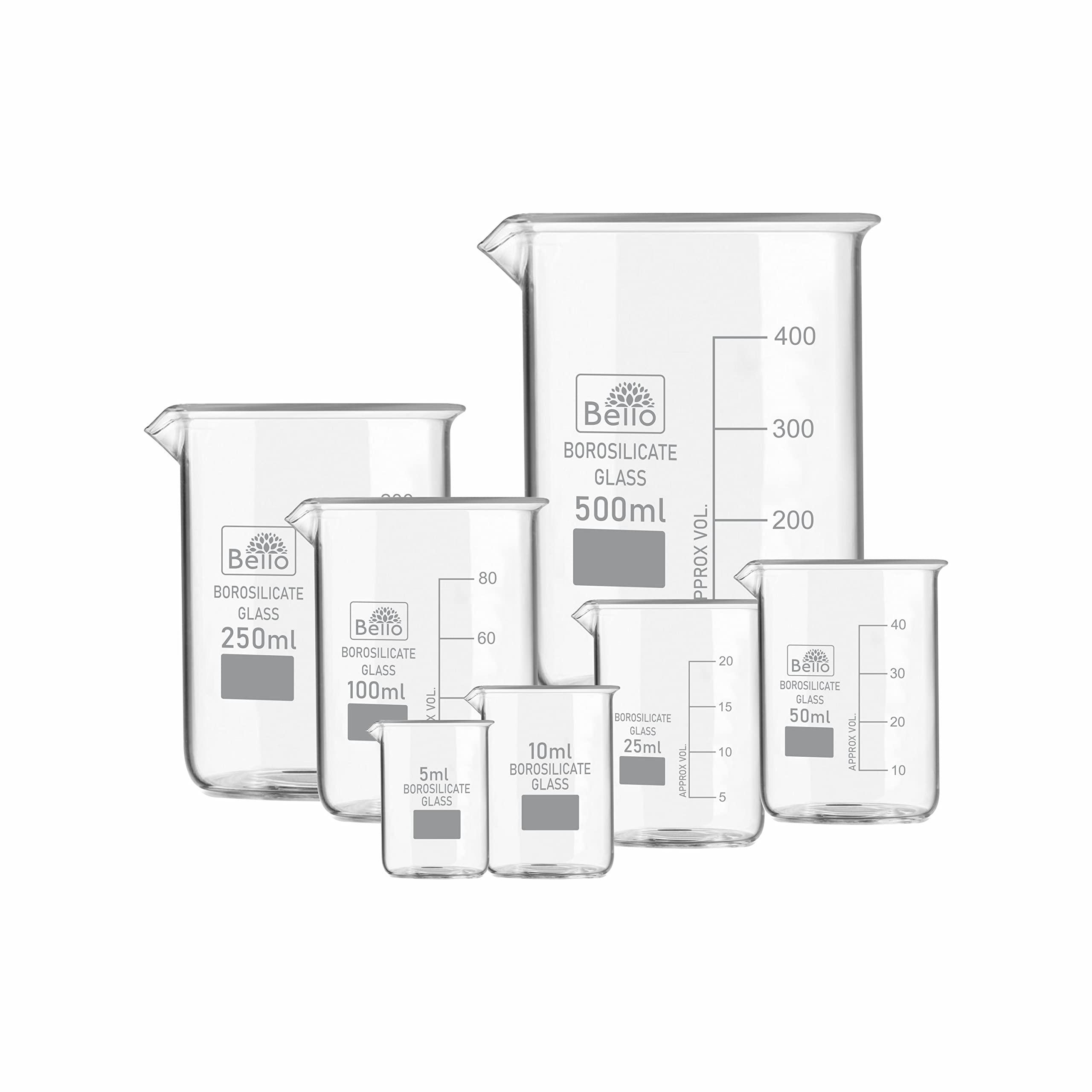 Bello Borosilicate 3.3 Glass Beaker 5 ml, 10ml, 25 ml, 50 ml, 100 ml, 250 ml, 500 ml with Graduation Marks, Beakers Pack of 7 for perfume making Cosmetics collage chemistry lab laboratory
