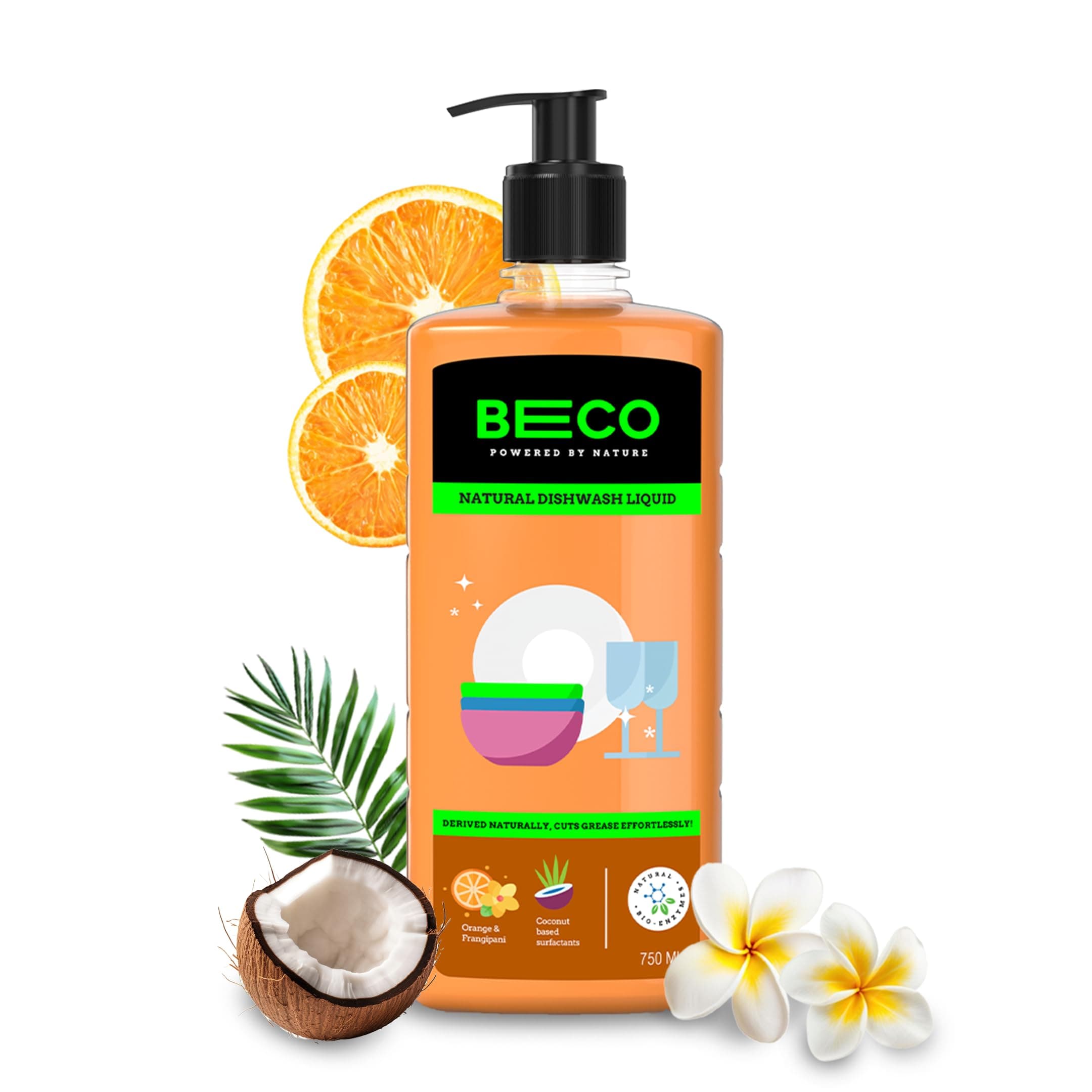 Beco Natural Dishwash Liquid-750ml |Orange Citrus Freshness| 100% Ecofriendly-Tough Grease removal Antibac formula| Leaves No residue, Baby & Pet Safe