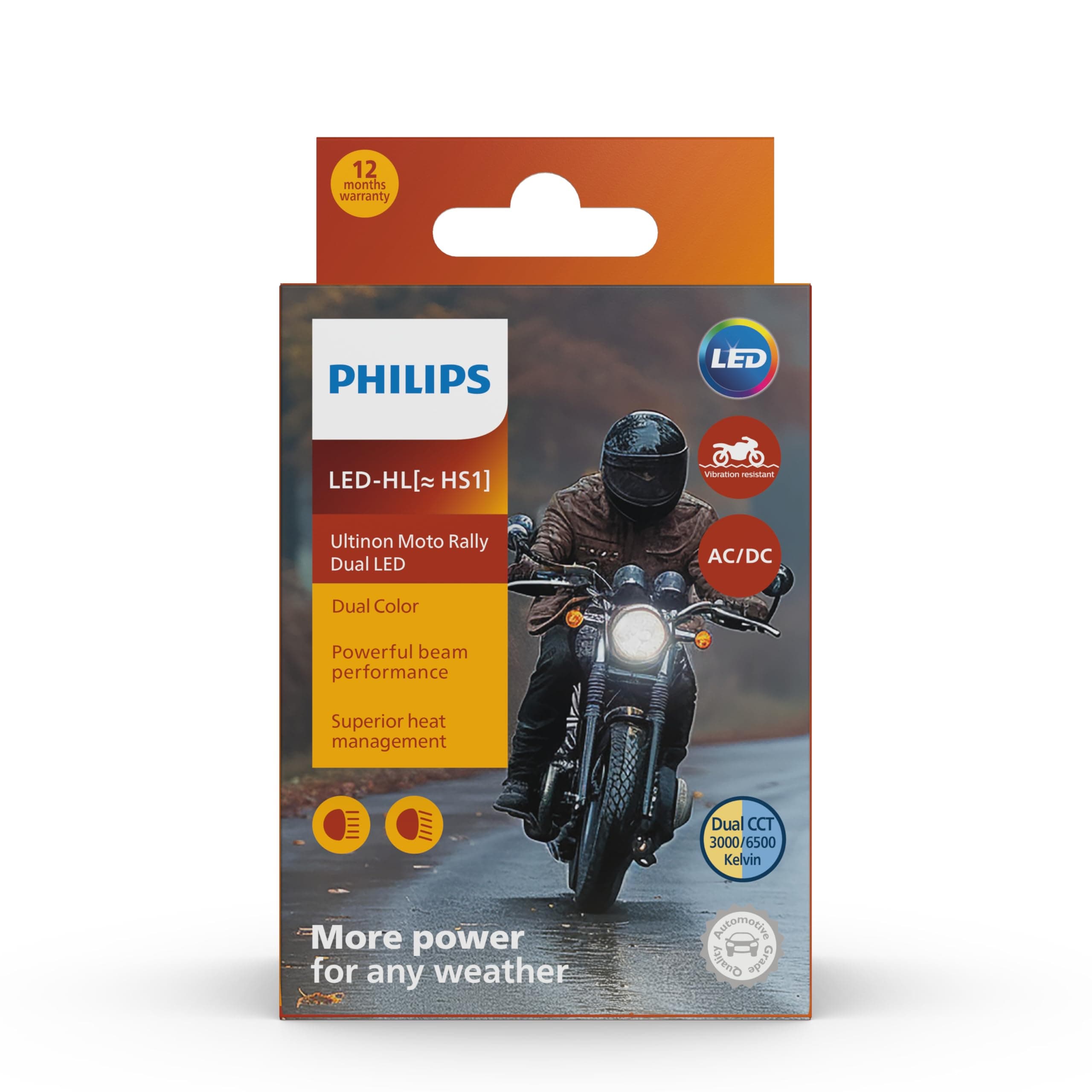 Philips | Ultinon Moto Rally | LED-HL [~HS1] | Dual color for any weather | 12 W rally LED boost | IC driver for universal AC/DC | Lifetime of up to 2,000 hours | White