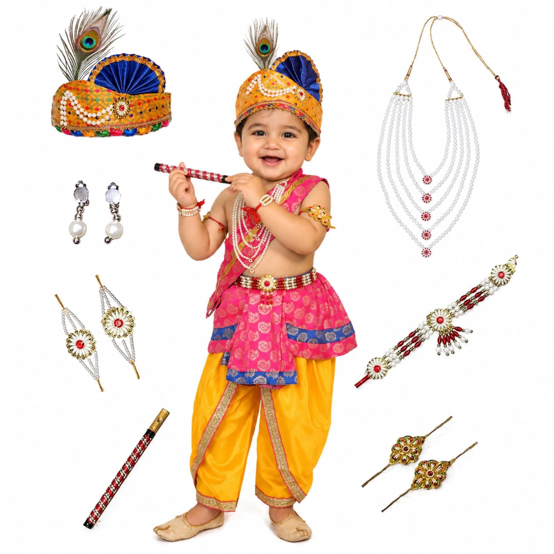 Kaku Fancy Dresses Krishna Costume for Kids Infant Baby Krishna Dress for Boys (Set of 11 - Magenta Dhoti, Patka(Stole), Belt, Fabric Mukut, Layer Pearl Mala, Bajuband, Earrings, Bansuri & Morpankh)