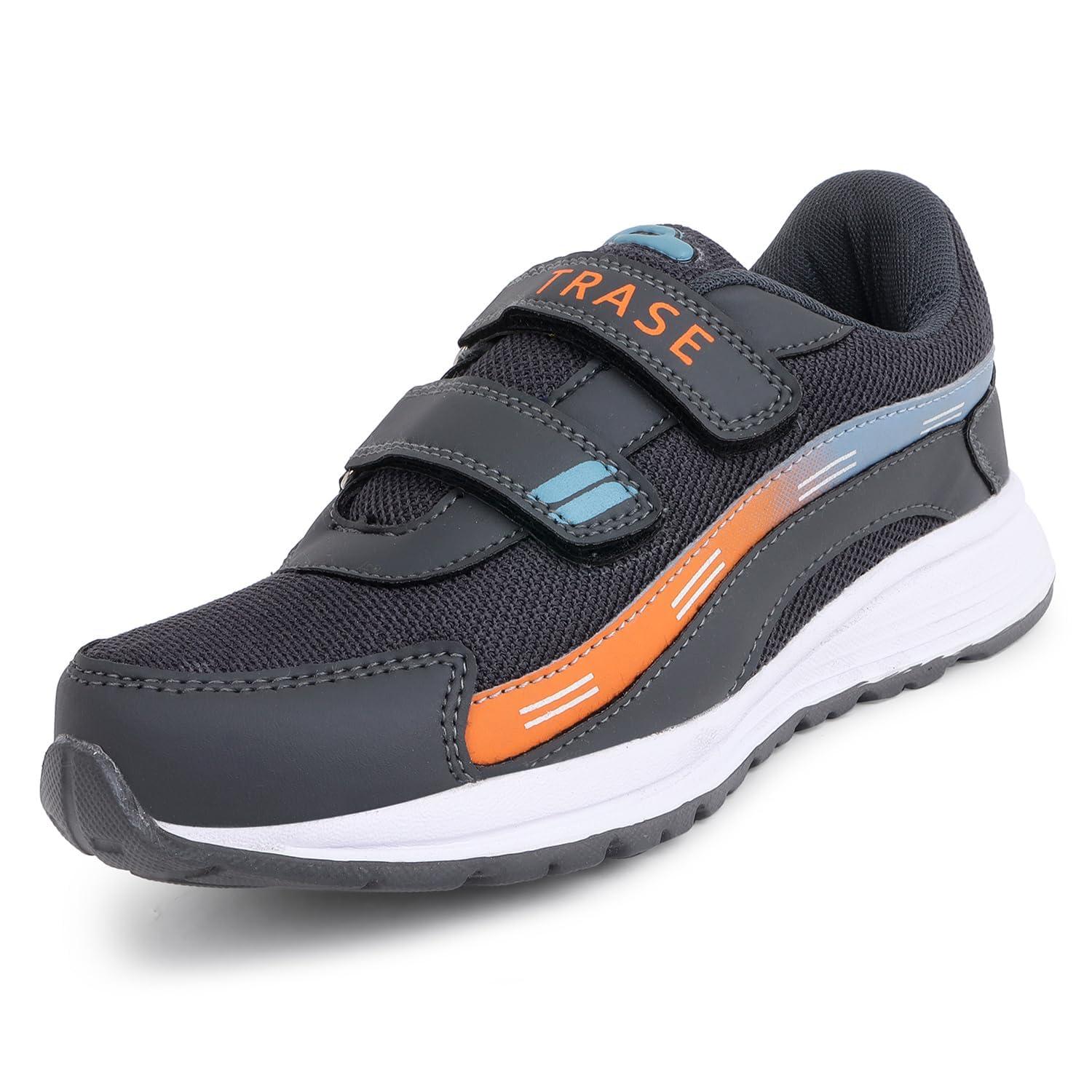 TRASE Sports Shoes for Kids | Running Shoes for Boys & Girls with Hook & Loop | Anti-Skid Comfortable Lightweight Footwear with Breathable Fabric (Grey-Orange, 2 UK)