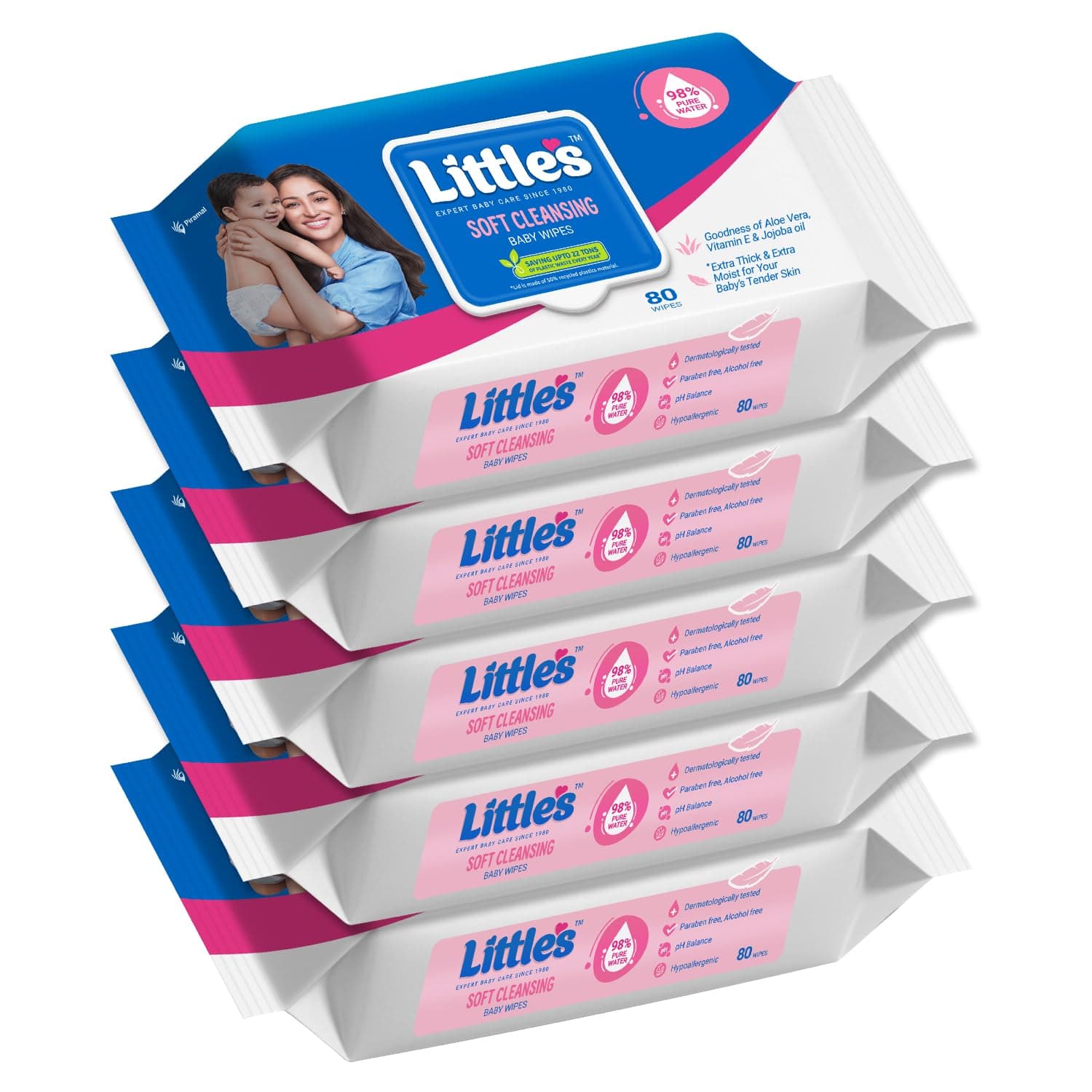 Little's Soft Cleansing Baby Wipes with Lid | 80 Wipes x Pack of 5 - 400 Wipes | Extra Thick & Moist Wet Wipes for Baby's | Prevents Rashes & Redness with Goodness of Aloe Vera, Vitamin E & Jojoba Oil