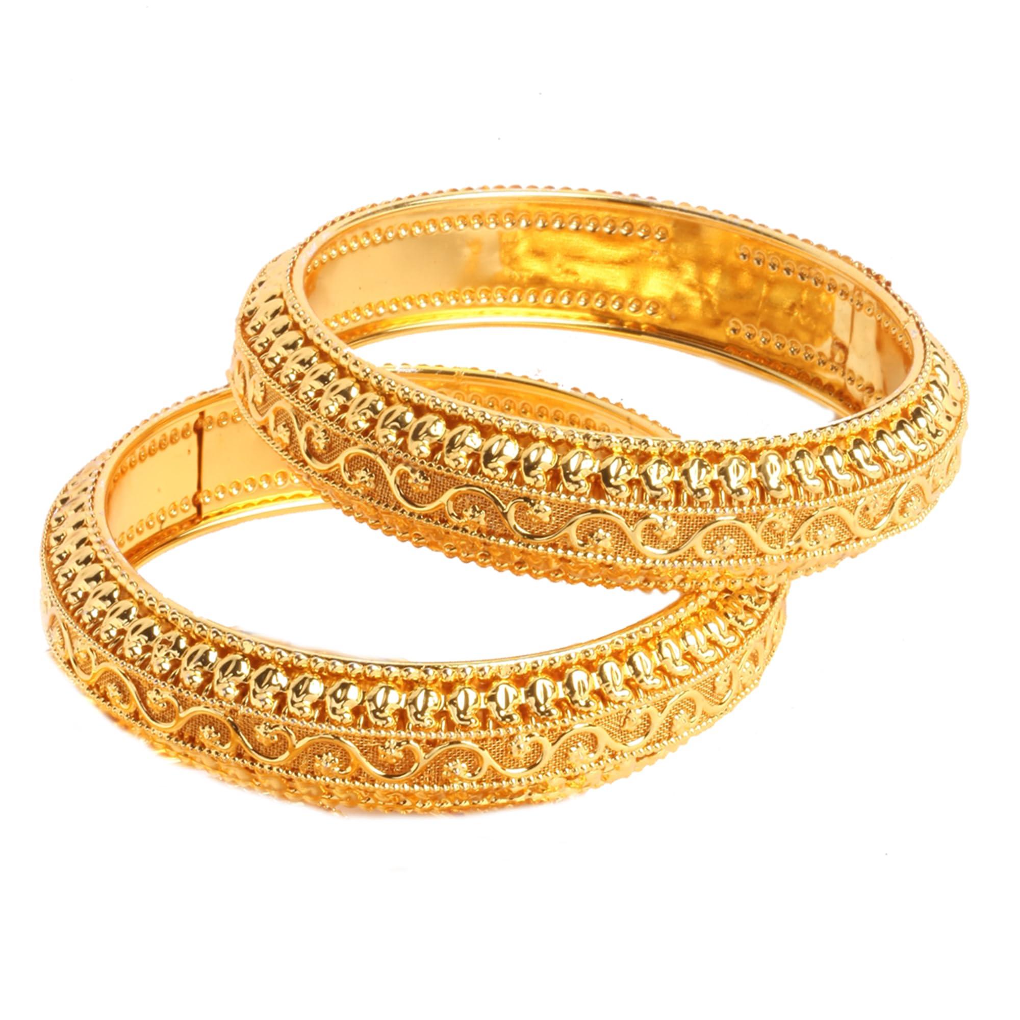 ZENEME Gold-Plated Textured Designer Bangles Pair for Women & Girls Traditional Engraved Ethnic Kada Bangles Classic Gold Toned Stackable Jewellery Size 2.8