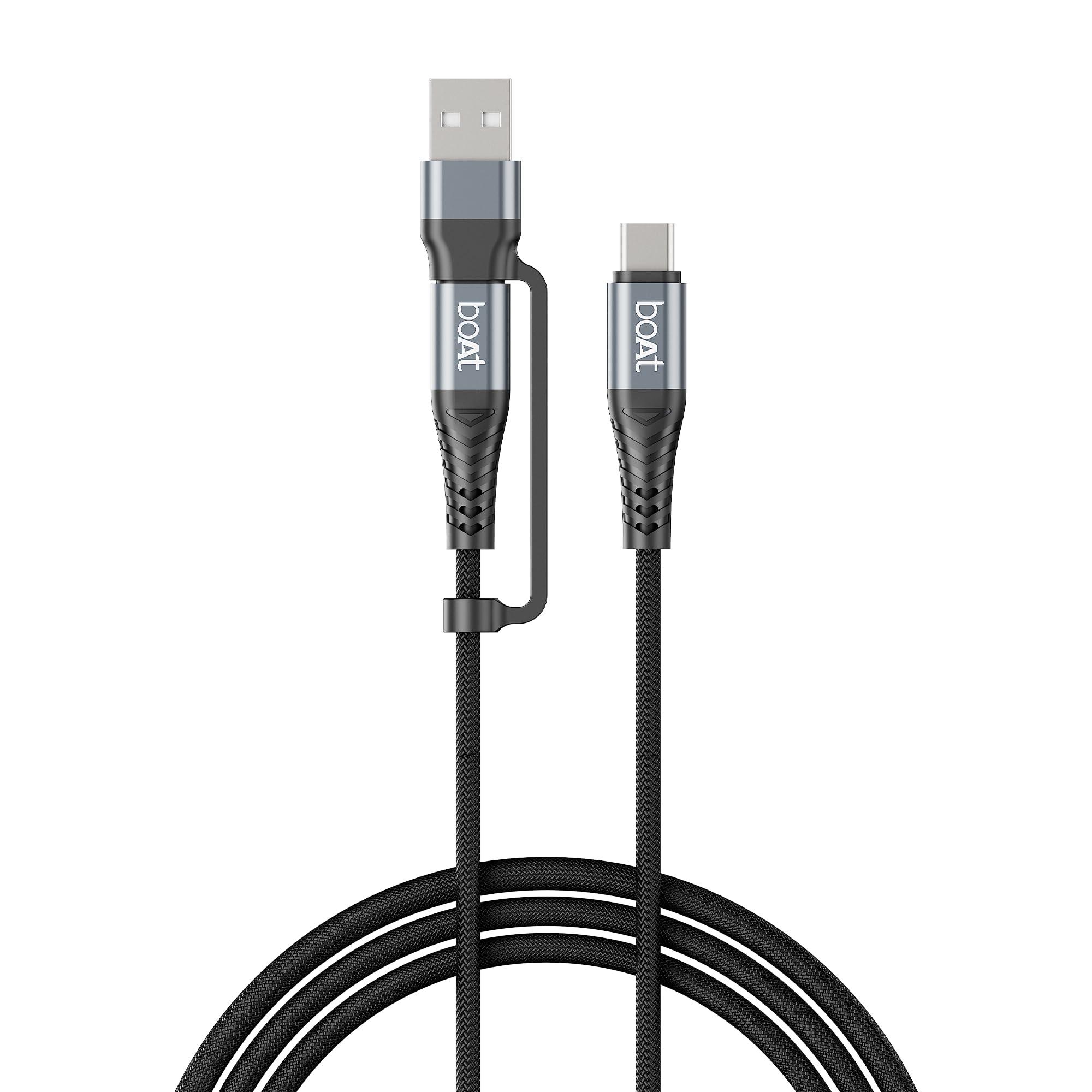 boAt FlexiCharge 200 Cable with 2-in-1 Connectivity Type-C to Type-C + USB-A; 60W PD Fast Charging, 480 Mbps Data Sync, 1.2 m,10000+ Bends Lifespan, For Apple, OnePlus, Android, Laptop (Carbon Black)