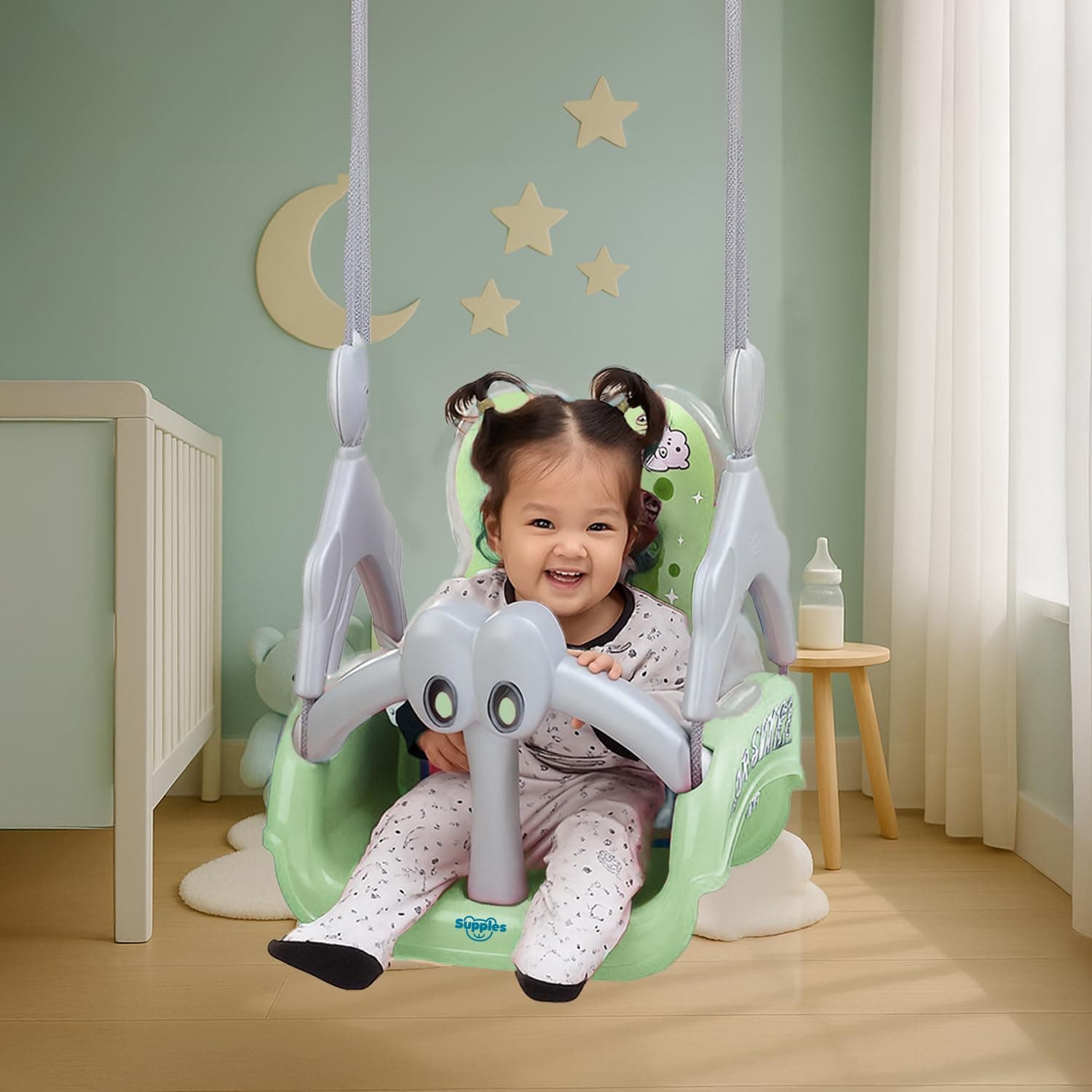 Amazon Brand - Supples Baby Swing for Kids | Non-Toxic Plastic | Indoor & Outdoor Use | Adjustable Design with Safety Belt | Age 6 Months to 4 Years | Green & Grey