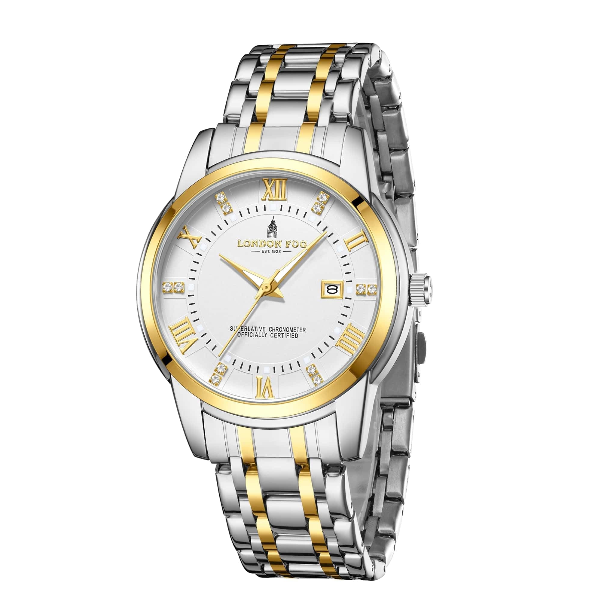 London Fog Regent Collection Analog Quartz Watch for Men with White Dial and Two Tone Silver Gold Stainless Steel Strap, Metal Case, Date Display, Luminous Hands & Hour Markers, Water Resistant