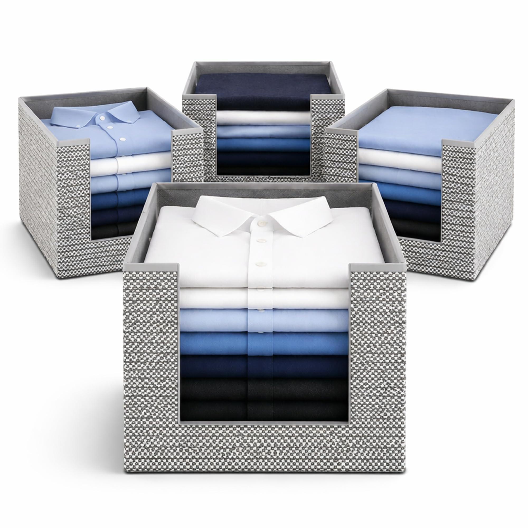 DALUCI Shirt Stacker & Clothes Organizer for Wardrobe | Non-Woven Foldable Storage Box for Cupboard, Closet & Bedroom | Strong Collapsible Fabric Organizer | 40x25x24 cm – Pack of 4 (Grey)
