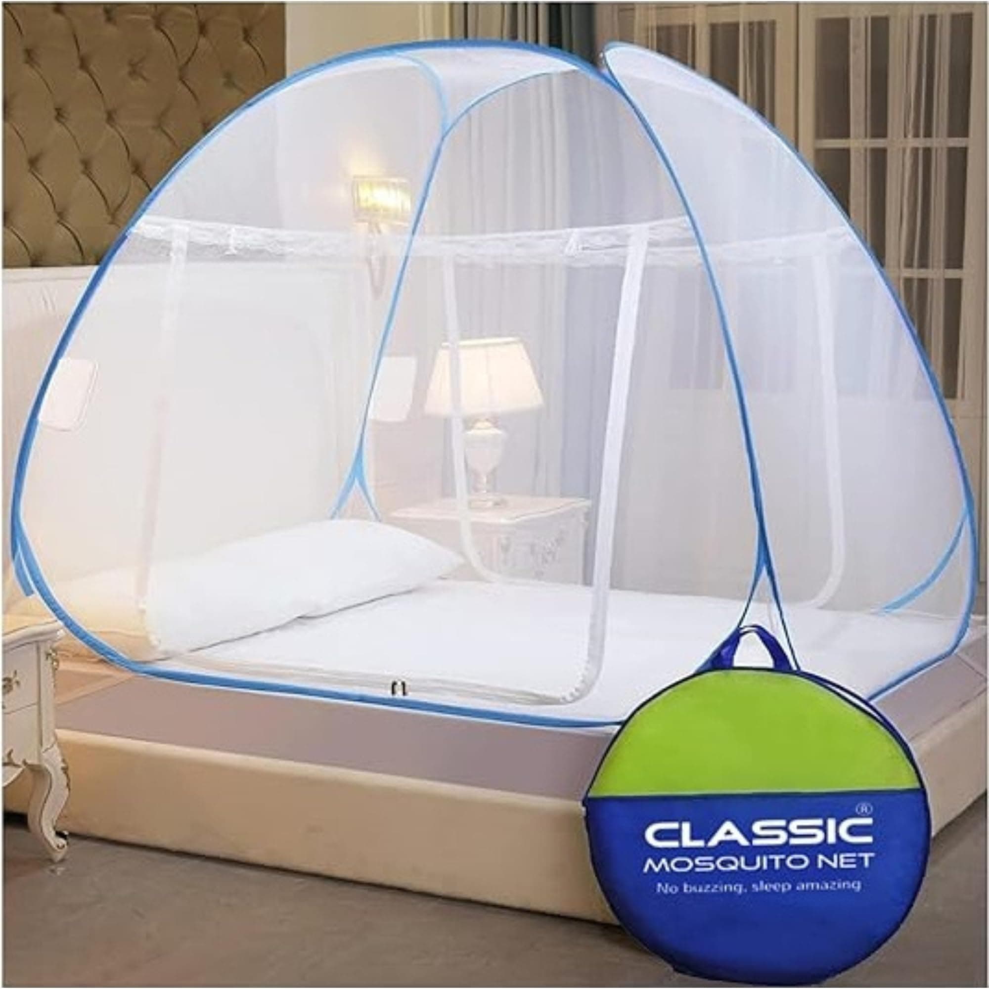 Classic Mosquito Net for King Size Bed with Mobile Pocket | 30 GSM Polyester Fine Mesh | Foldable Pop Up Machardani for Double Bed | 360° Mosquito & Insect Protection | Washable & Reusable | Blue