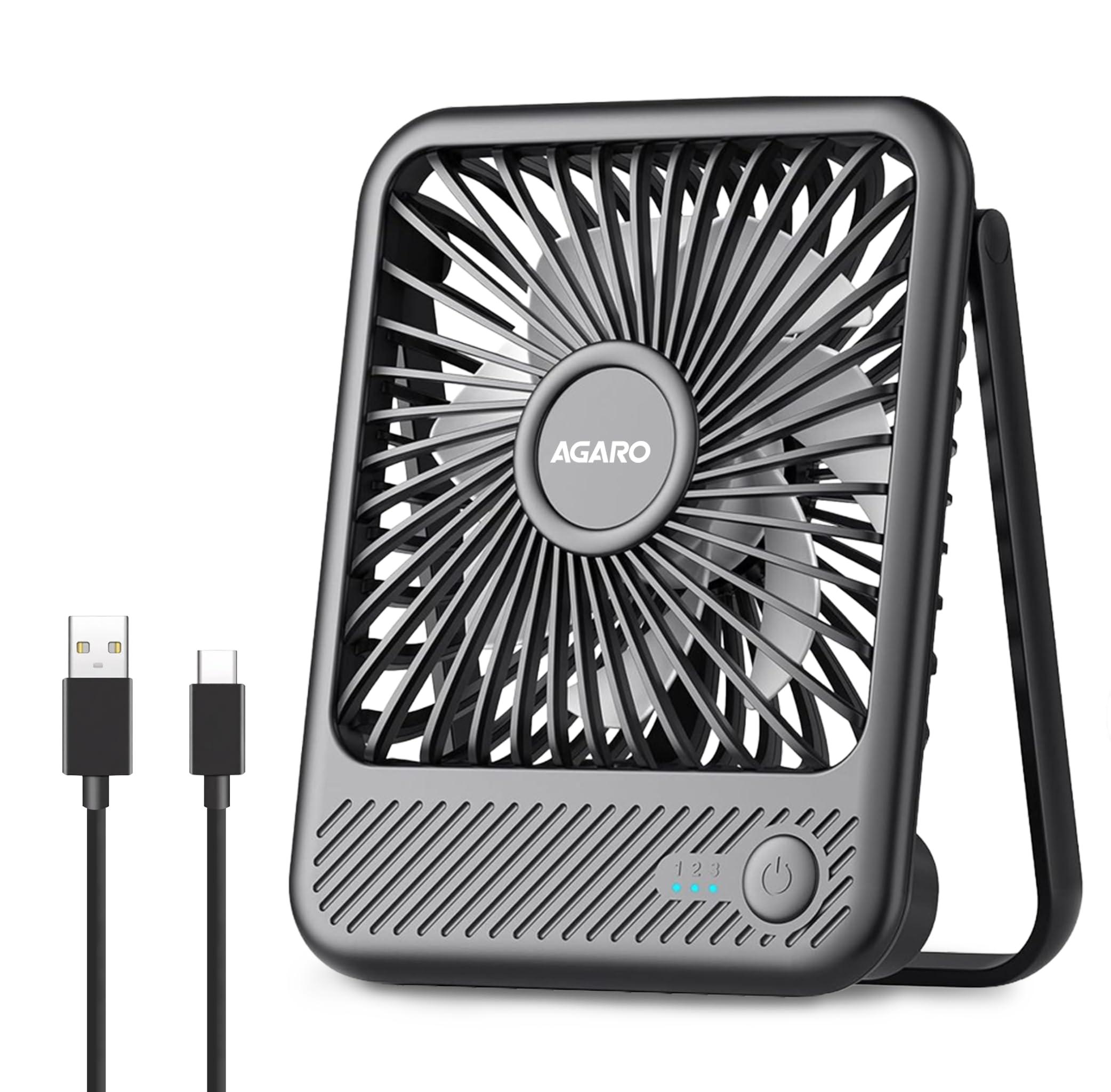 AGARO Primo Rechargeable Portable Desk Fan, Mini Fan with USB Type-C, 3 Speeds, Foldable Adjustable Stand, Long-Lasting Battery, Quiet Personal Cooling for Home, Office & Travel