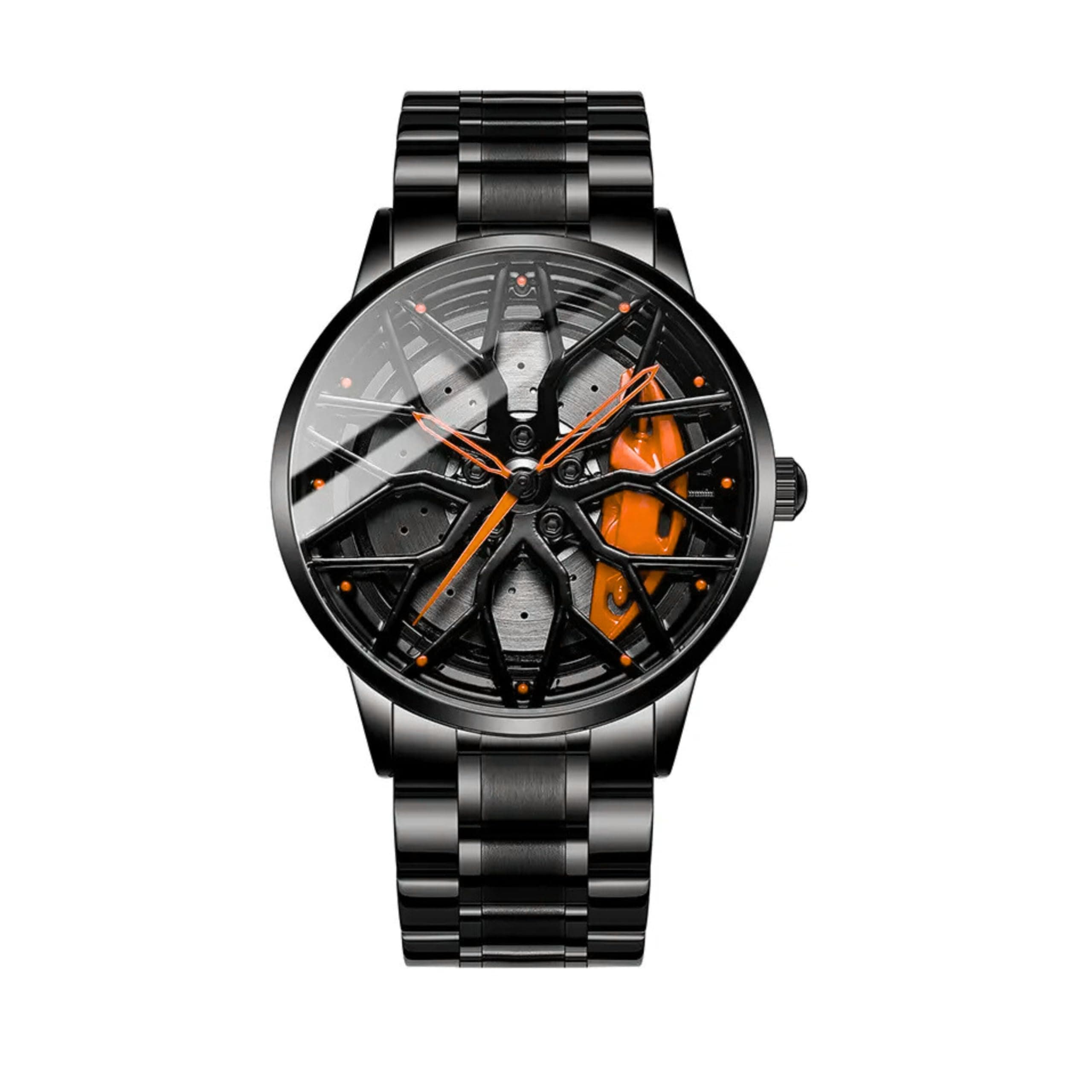 GOLDENIZE FASHION Branded Men's Sport Quartz Watch Car Wheel Multicolour Dial Wheel Dial 360 Rotating Casual Fashion Stainless Steel Alloy Mens &Boy's Luxury Metal Gift Creative Watch (Orange)