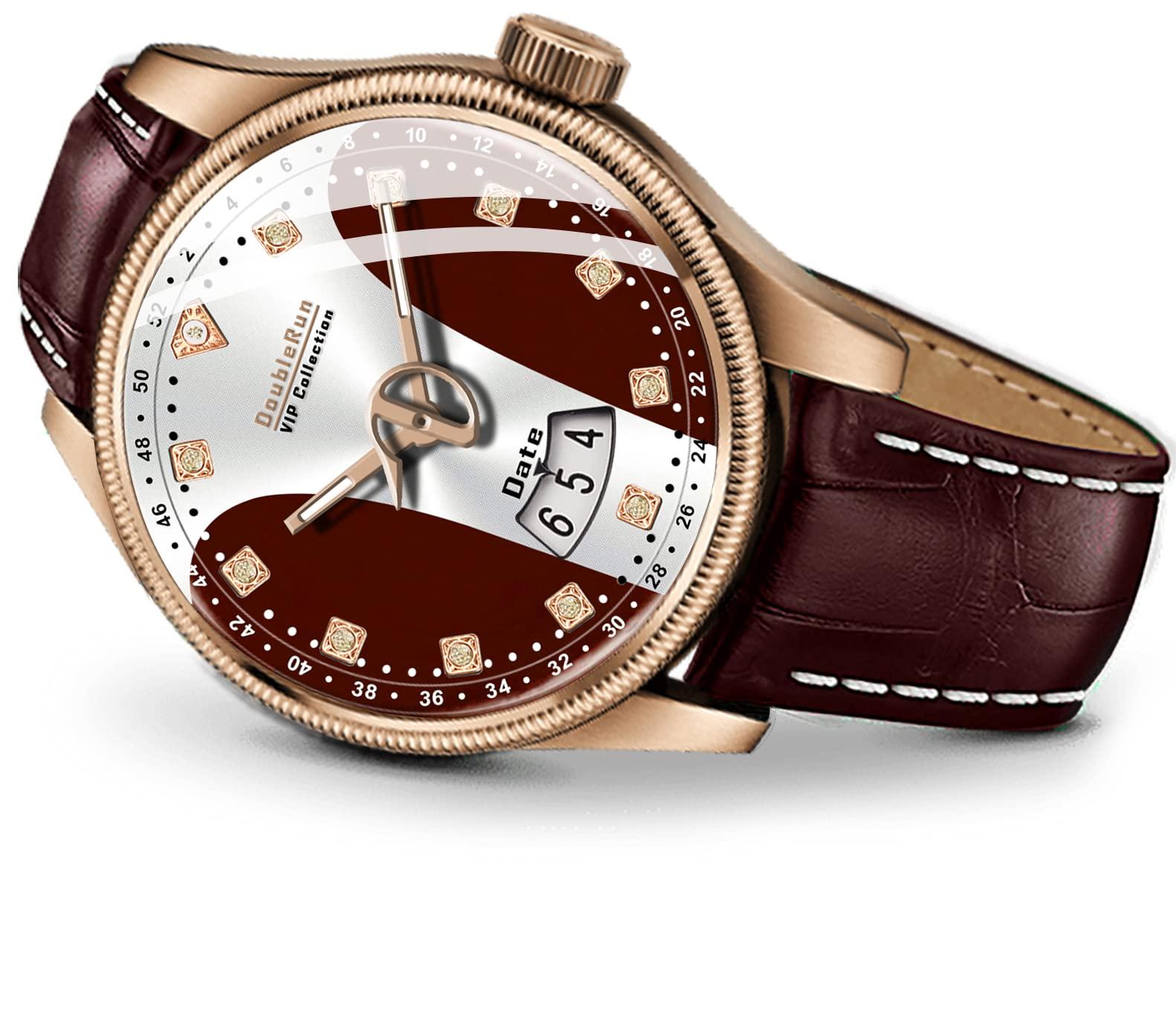 DOUBLERUN 3D Glass Date Display Two Tone Dial Leather Belt Analog Watch - For Men, Band- Red