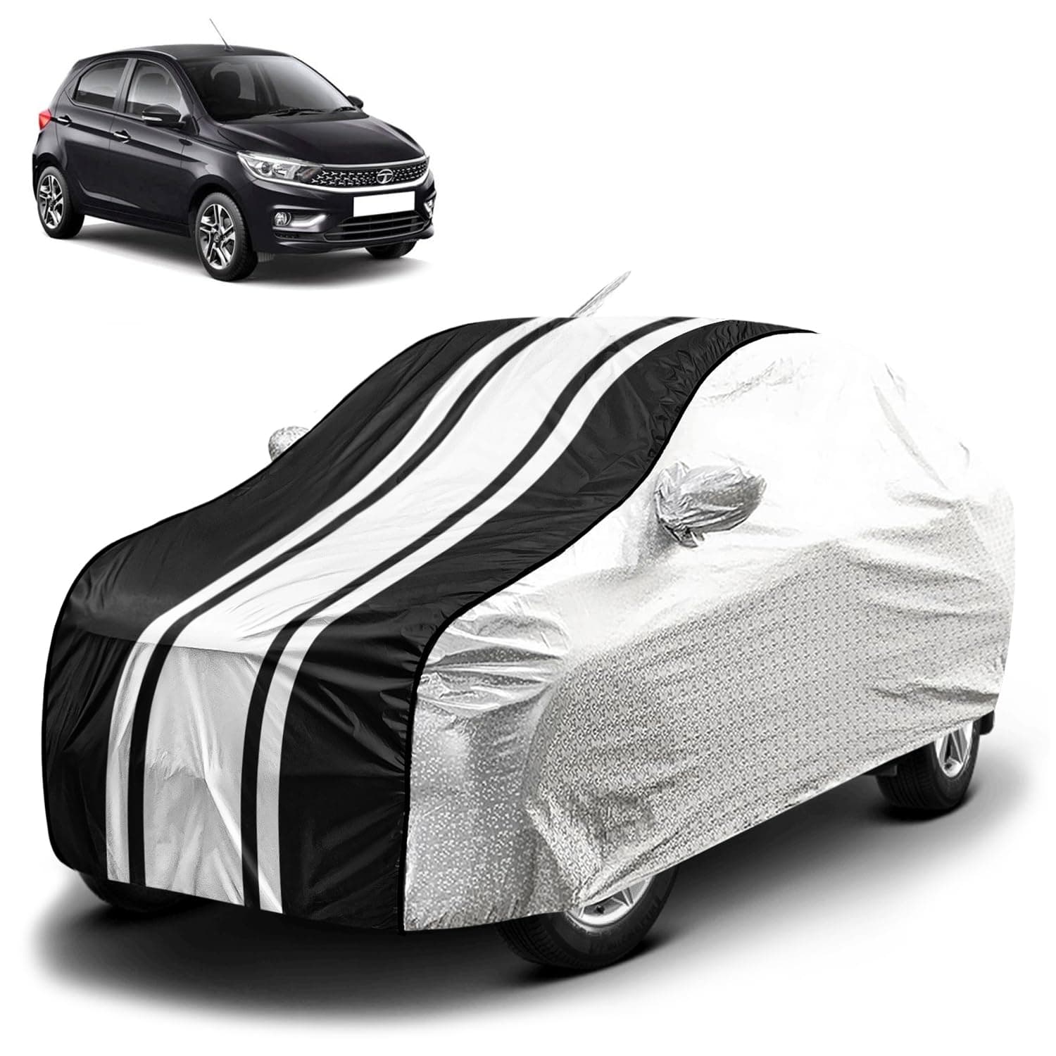 Fabtec Waterproof Car Body Cover for Tata Tiago with Mirror and Antenna Pocket, Soft Cotton Lining, Bottom Elastic, Triple Stitched (Metallic Silver with Black Stripes)