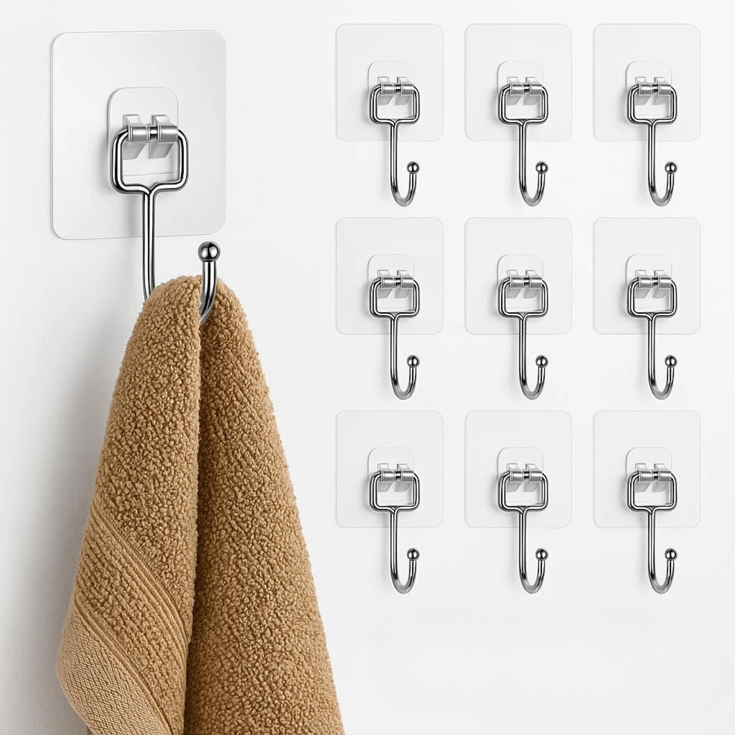 Zulaxy Big Size Transparent Wall Hooks for Hanging – Heavy Duty Stainless Steel Adhesive Hooks for Bathroom, Kitchen, Towel, Utensils & Keys – Waterproof, No Drilling Required (Pack of 10)
