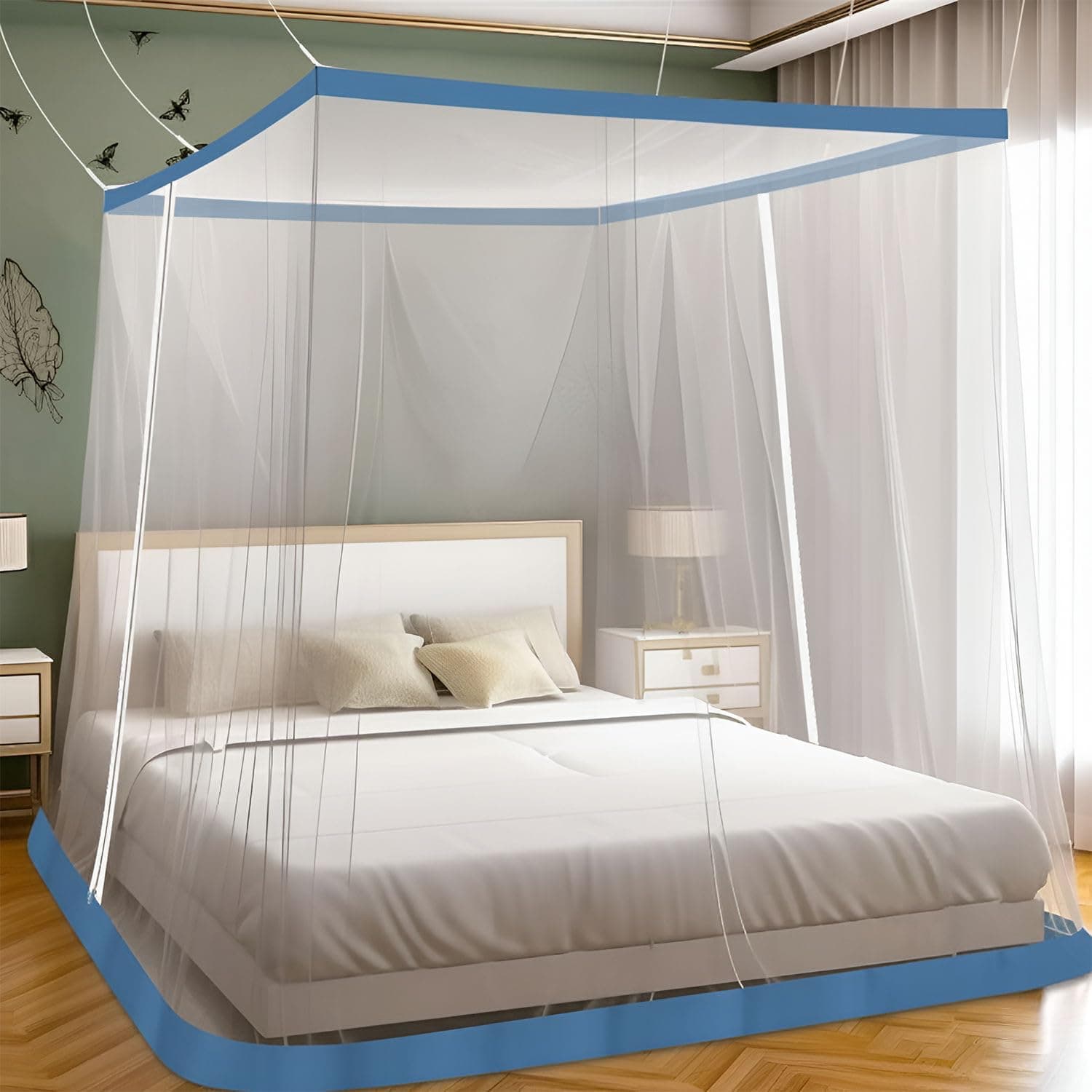 LifeKrafts Bed Mosquito Net - Queen Size Premium Polyester Machardani (5ft x 6.5ft,Elegant White with Blue Border) | Double Zipper Entry | Washable & Durable Net for Peaceful Sleep
