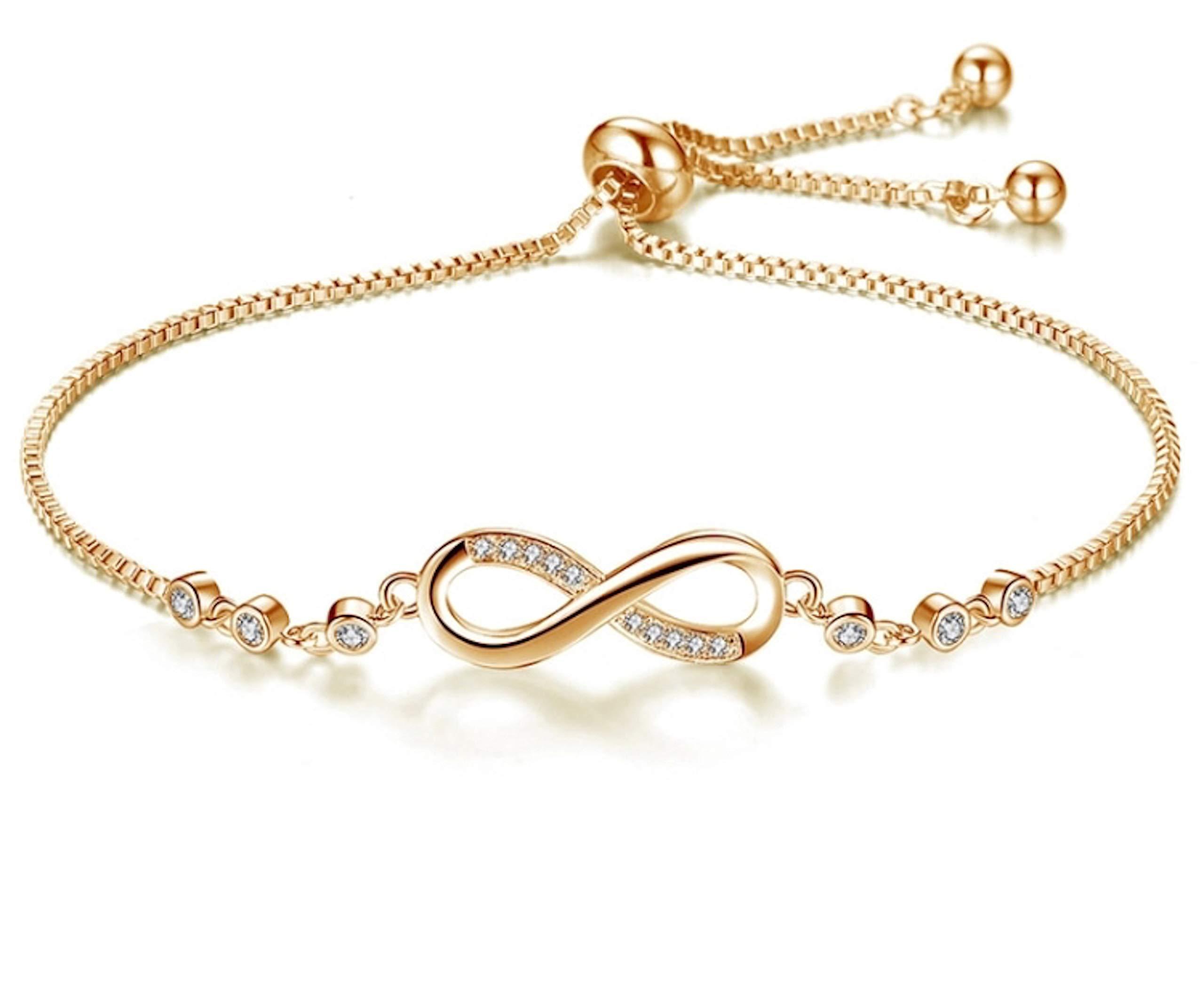 Nilu's Collection Infinity Shape Cubic Zirconia Diamond Bracelet for Women, Jewelry for Gift, Adjustable Charm Bracelet (Gold)