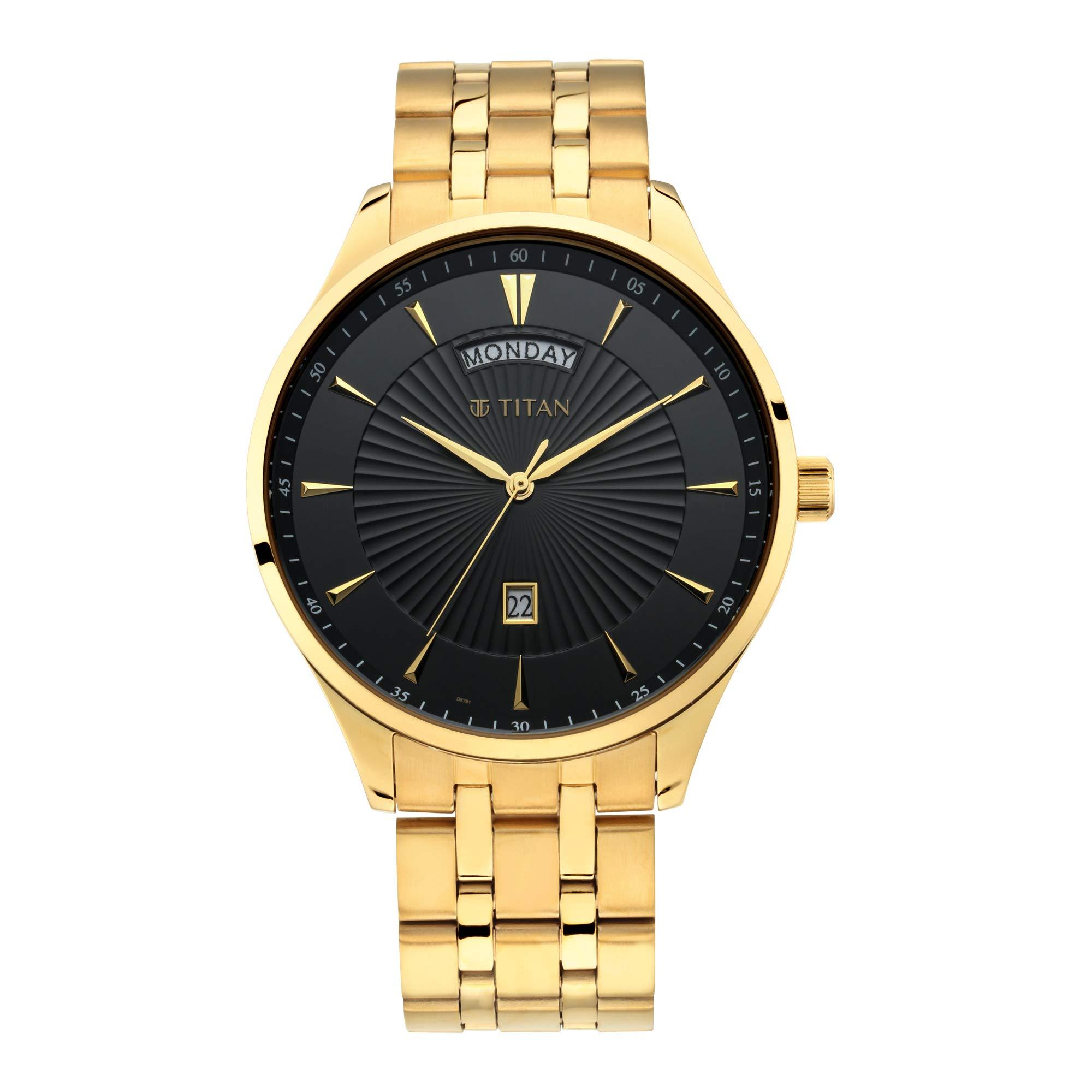 Titan Regalia Opulent Quartz Analog with Day and Date Black Dial Gold Stainless Steel Strap watch for Men - NT90127YM02