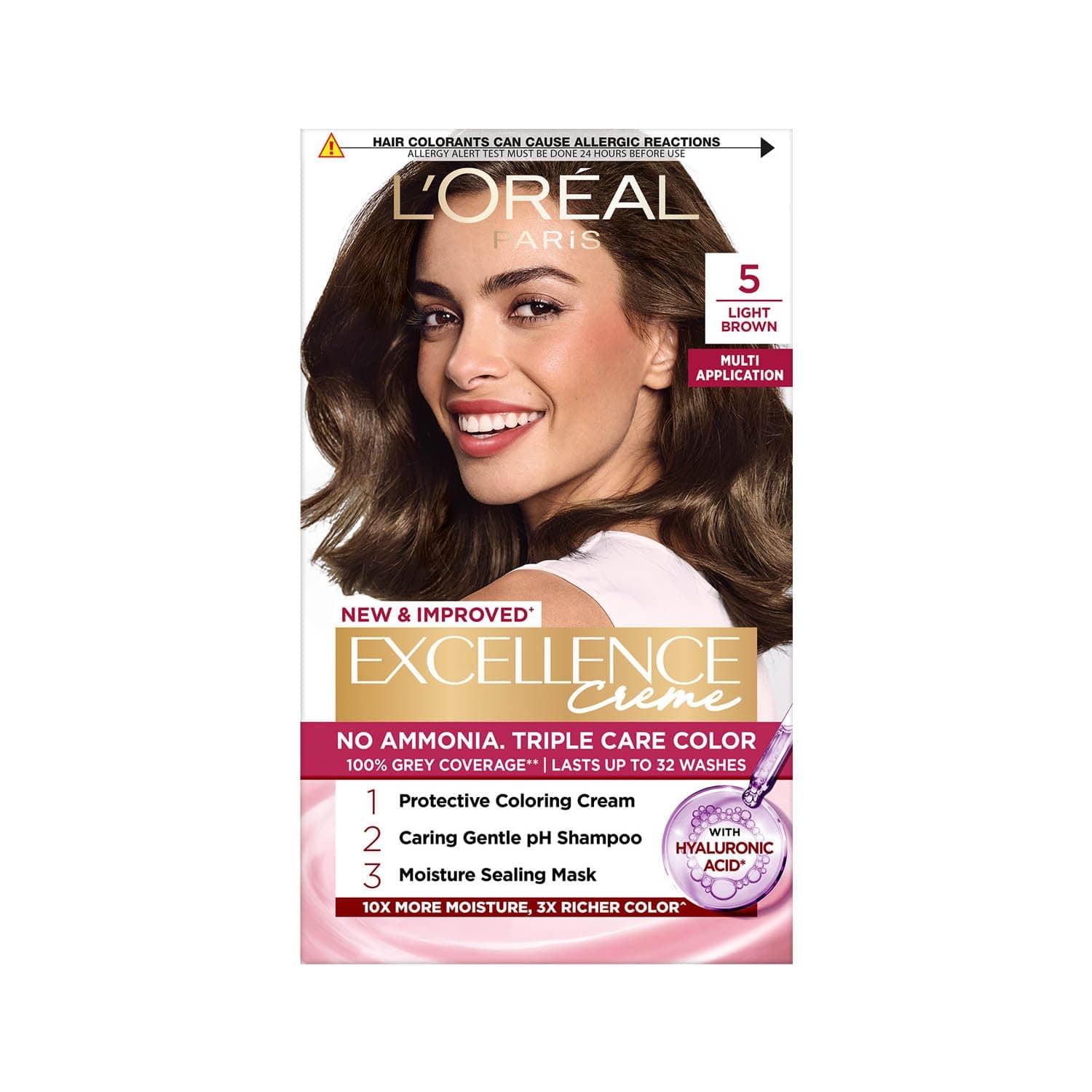 L'Oréal Paris Permanent Hair Colour, Radiant At-Home Hair Colour with up to 100% Grey Coverage, Pro-Keratin, Up to 8 Weeks of Colour, Excellence Crème, 5 Light Brown, 72ml+100g