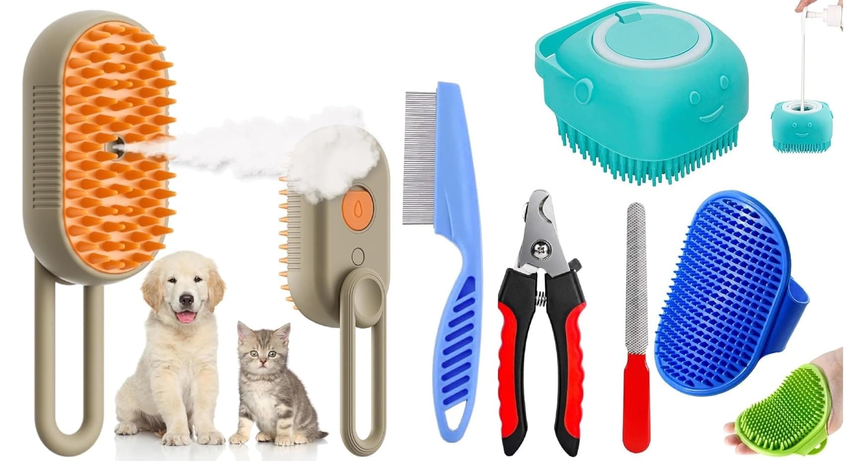 Bekin 6-in-1 Pet Grooming Set – 3-in-1 Steam Water Brush, Silicone Bath & Massage Tool, Adjustable Rubber Bath Scrubber, Ergonomic Nail Clippers & Dog Flea Comb for Dogs and Cats