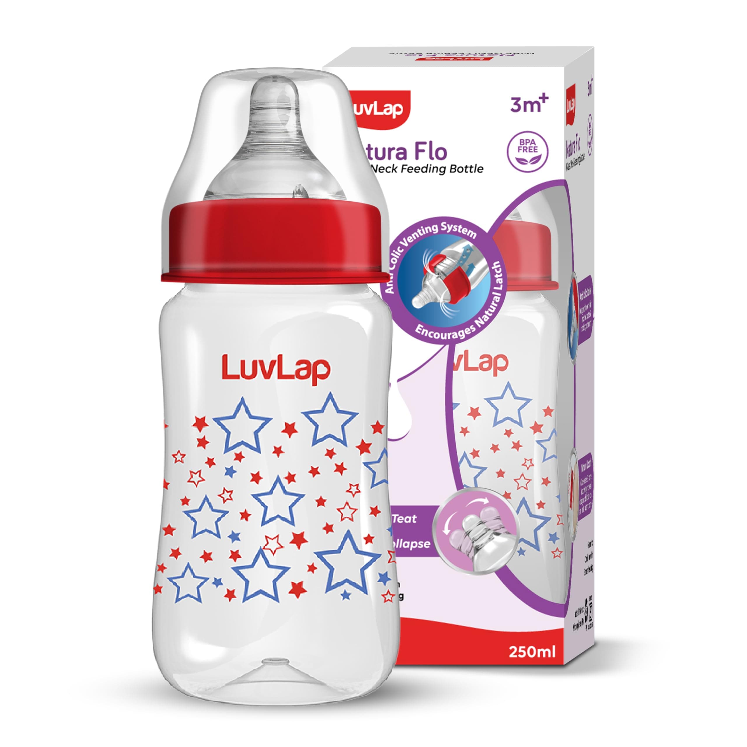 LuvLap Anti-Colic Wide Neck Natura Flo Baby Feeding Bottle, 250ml, New Born / Infants / Toddler upto 3 years, Stars, BPA Free