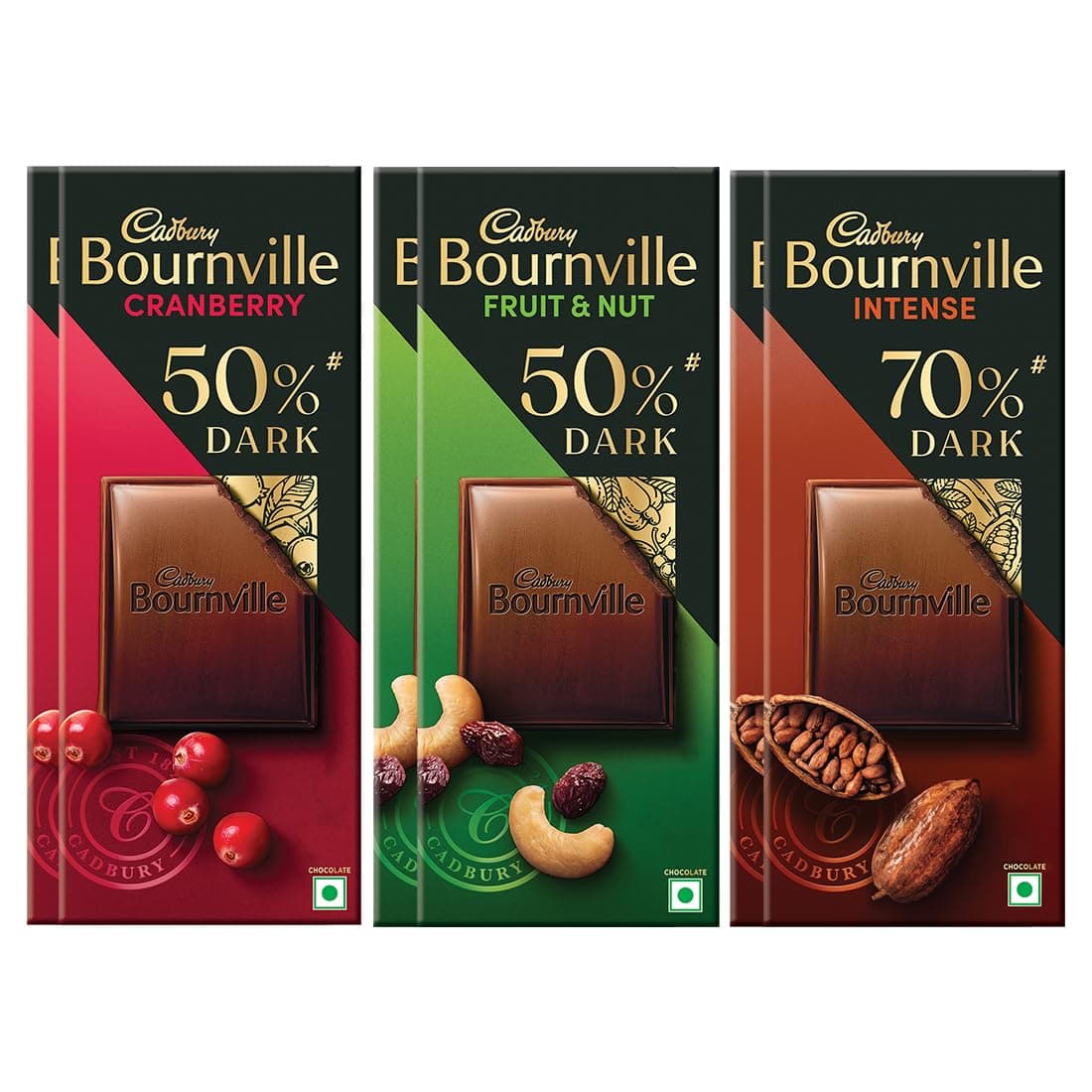 Cadbury Bournville Dark Chocolate Bars Combo (2 x Cranberry78 gm, 2 x Fruit & Nut 75 gm, 2 x 70% Dark Chocolate Bar 75 gm)