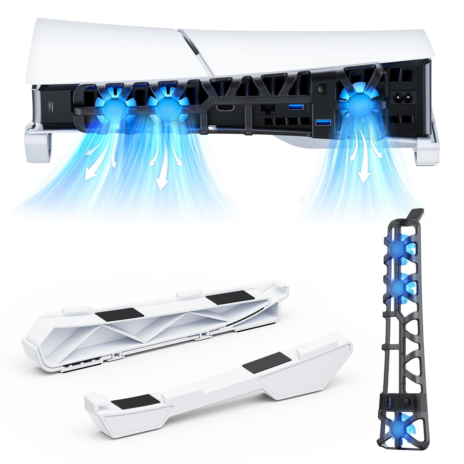 NexiGo PS5 Slim Horizontal Stand with Silent Enhanced Cooling Fan, Adjustable Speed, [Low Noise], [Auto Power On/Off], USB 3.0 Port, Built-in LED Light, for Both Disc and Digital Editions