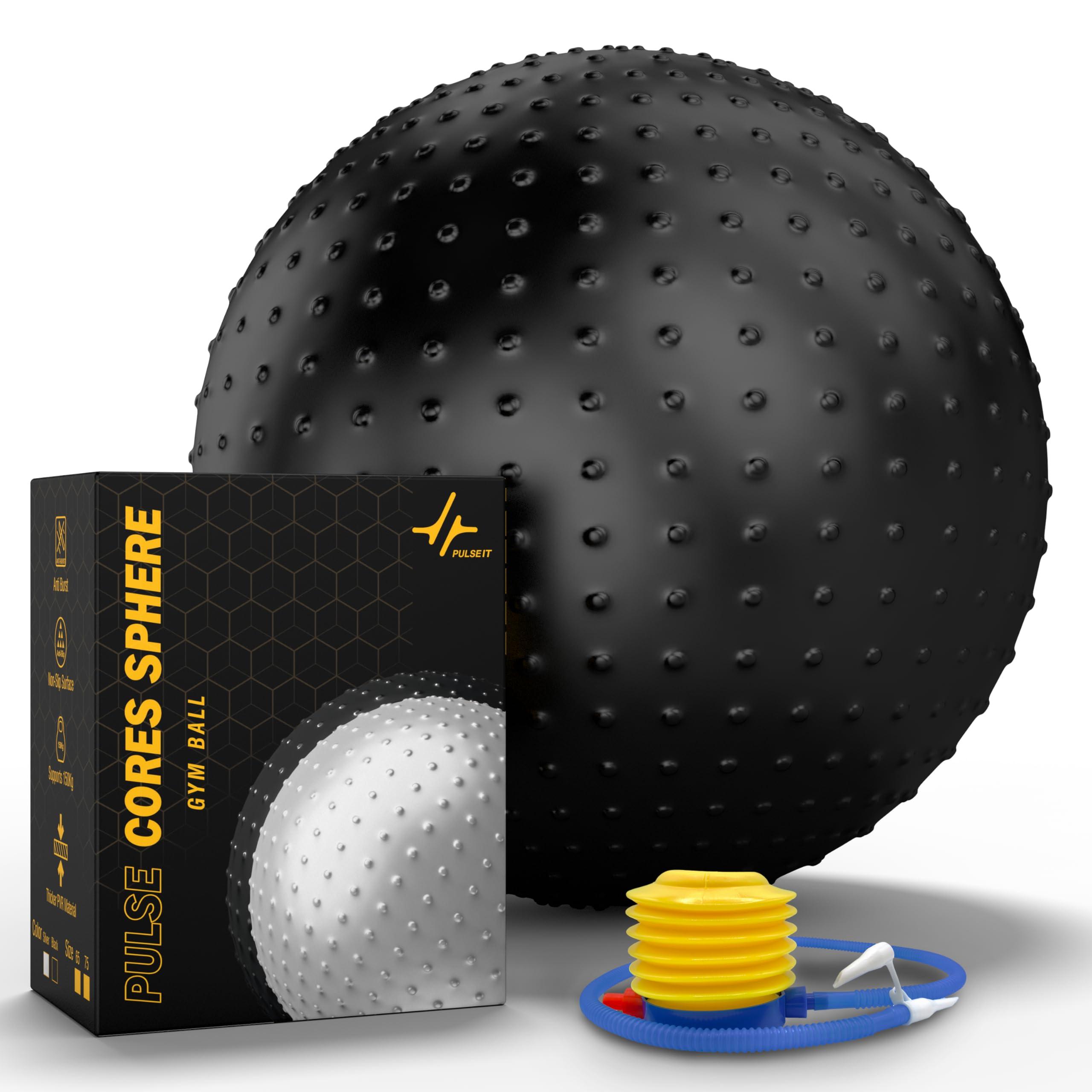 PULSEIT FlexSphere Anti-Burst Spiky Gym Ball with Foot Pump Exercise Stability Ball for Yoga, Pilates, Balance Training, Core Strength, Home & Office Fitness for Men & Women (65cm-Black)