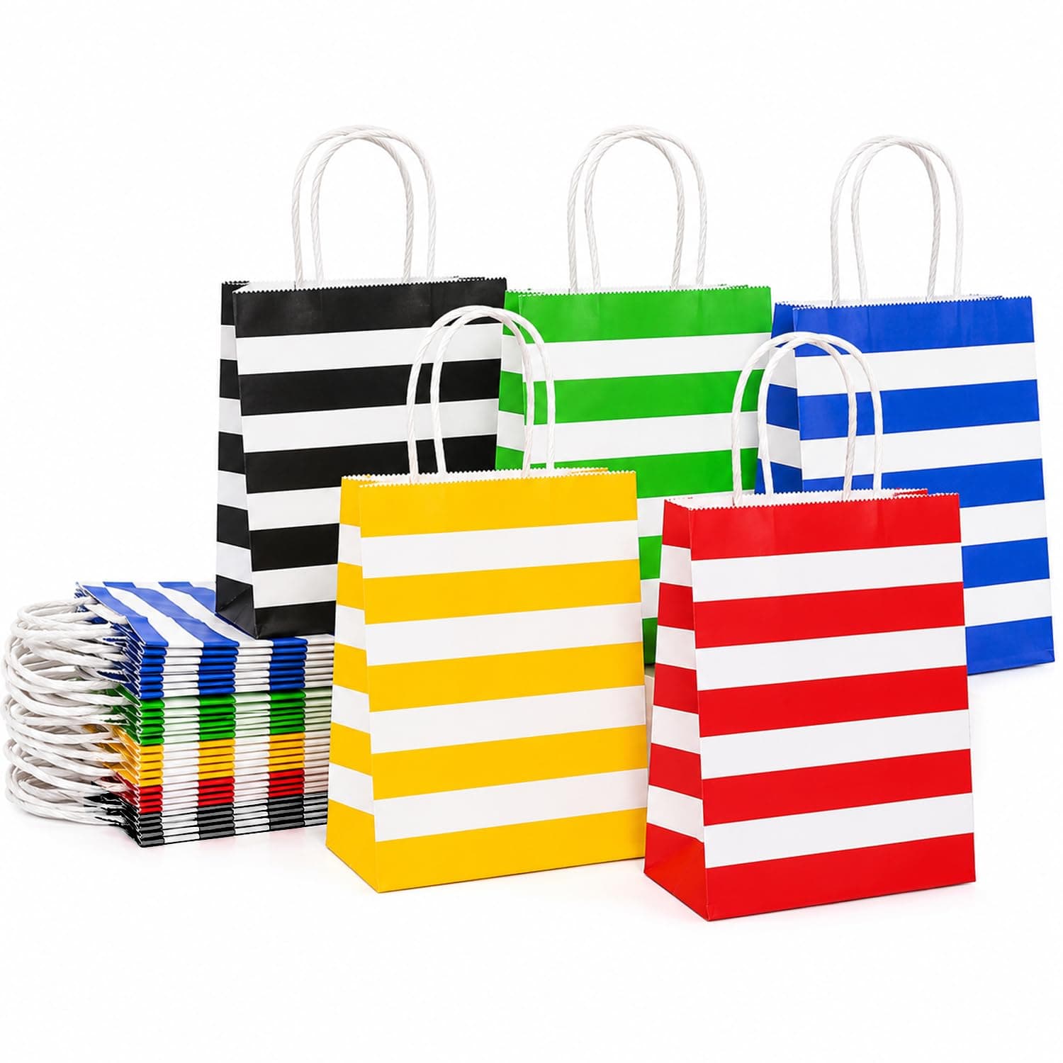 Aakriti Striped Paper Gift Bags | Medium Size 10 x 4 x 12 Inches Gift Bags with Handles for Birthday Return Gifts, Party Favors & Shopping Mix Color Blue, Red, Yellow, Green & Black Pack of 10 pcs