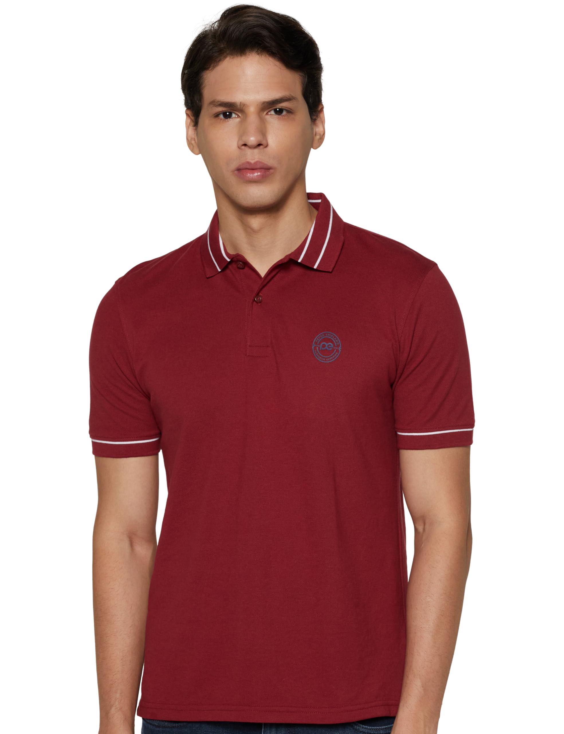 Peter England Men's Regular Fit Branded Insignia Half Sleeve Polo T Shirt|Cotton Rich|Premium Pique Weave,Maroon