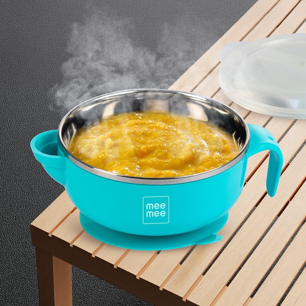 Mee Mee Temperature Control Feeding Bowl with Lid | Silicone Suction Base | Keeps Food Warm 30 Min | Stainless Steel Inner Bowl | BPA-Free | 6+ Months | Airtight Lid | Travel-Friendly