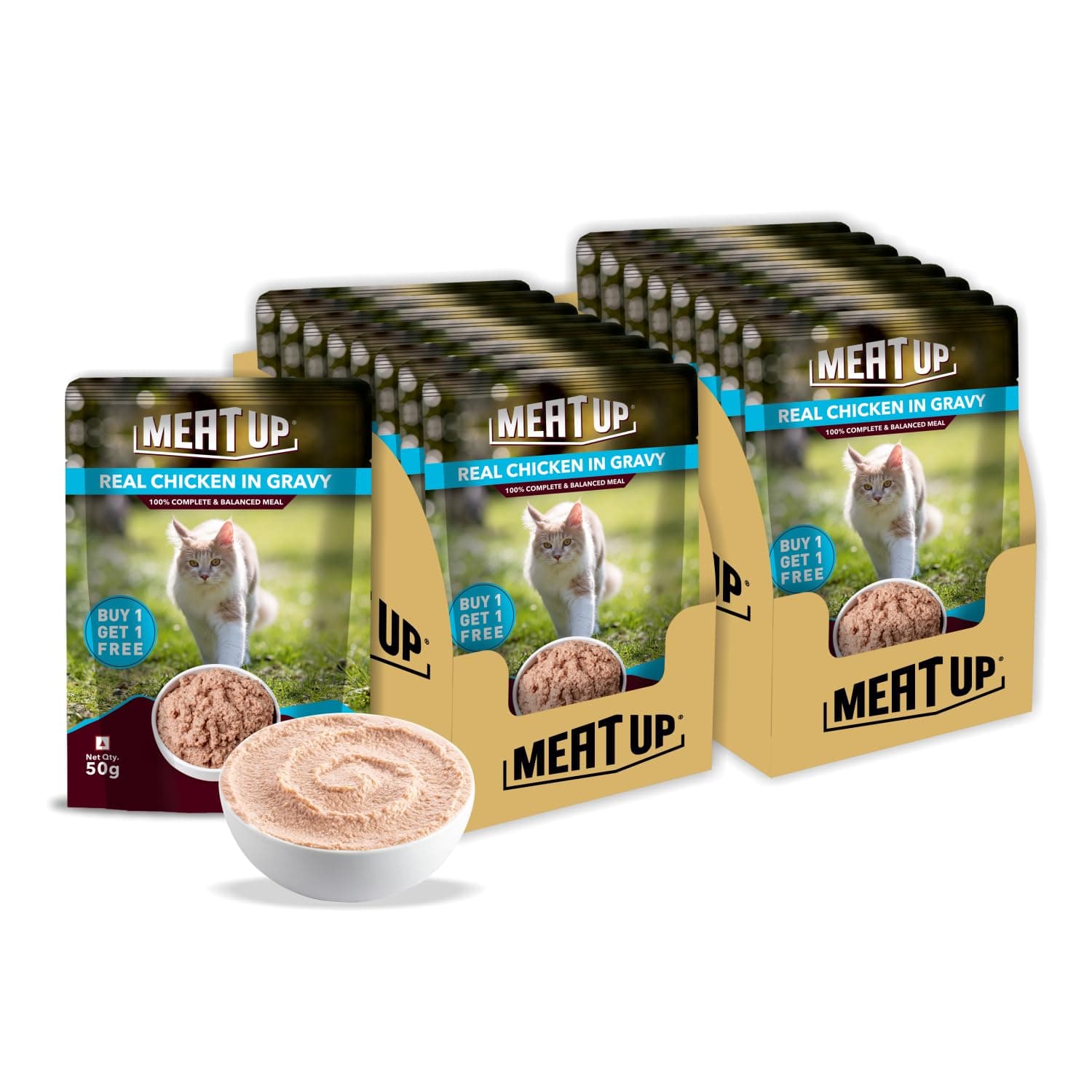 Meat Up Adult Cat Wet Food 16 Pouches × 50g, Total 800g | Real Chicken in Gravy | Supports Heart & Vision Health | Healthy Skin & Coat | Natural Flavours | Organic Minerals & Vitamins