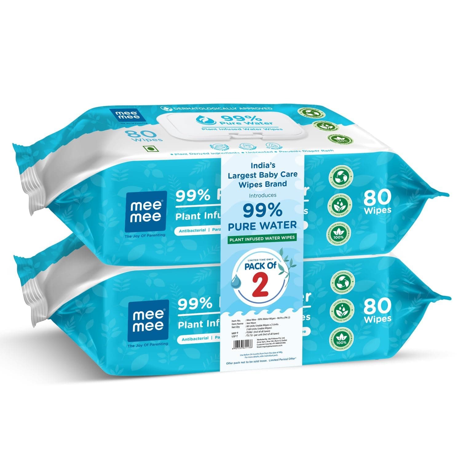 Mee Mee Pure Water Wet Wipes with Lid 80 pcs x 2 (160 pcs) – Unscented, Plant Derived, Super Thick Baby Wipes | Gentle for Sensitive Skin