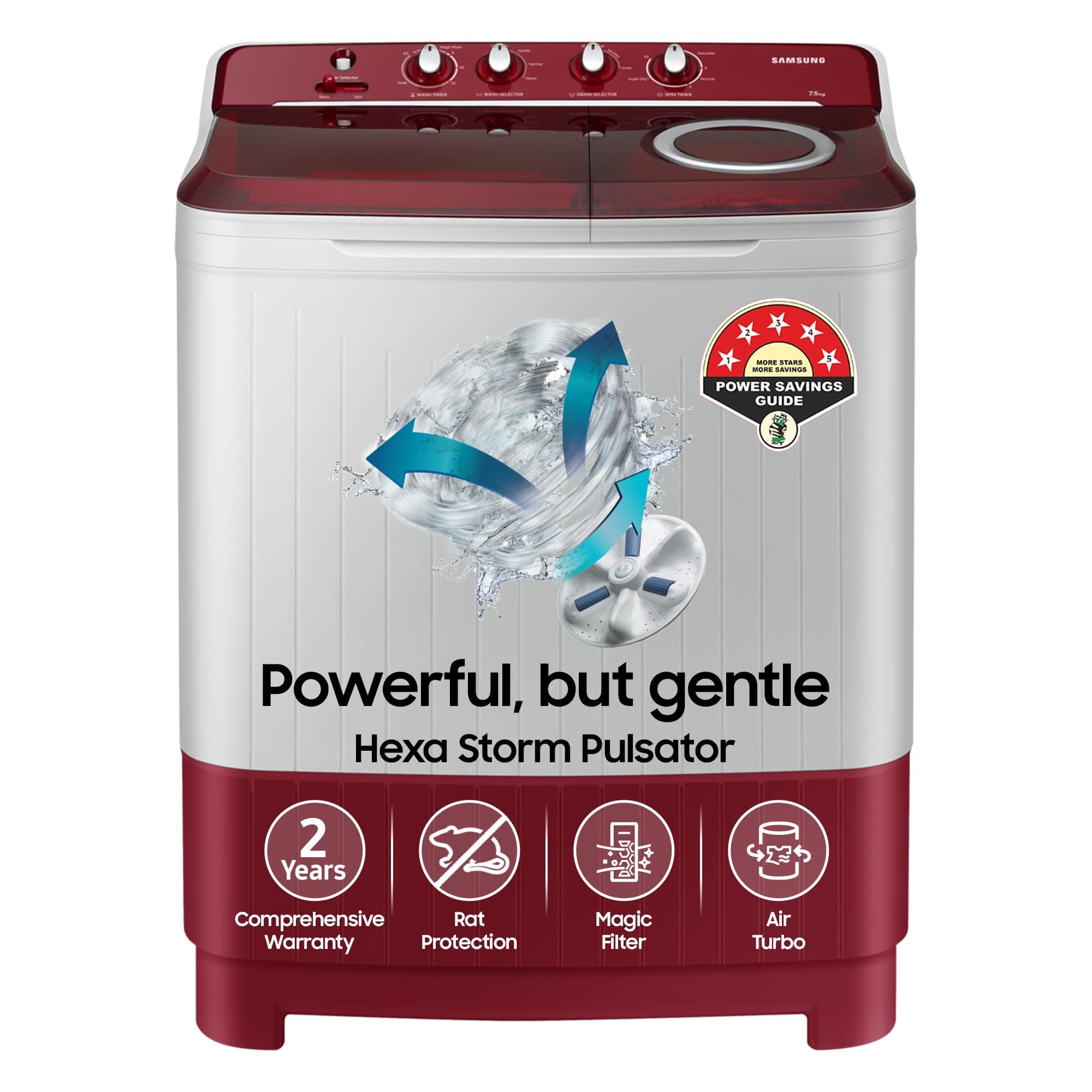 Samsung 7.5 Kg Inverter 5 Star Semi Automatic Top Load Washing Machine (WT75B3200RR/TL, Light Grey & Red Base, Air turbo drying, 5 Year Warranty on Wash Motor)